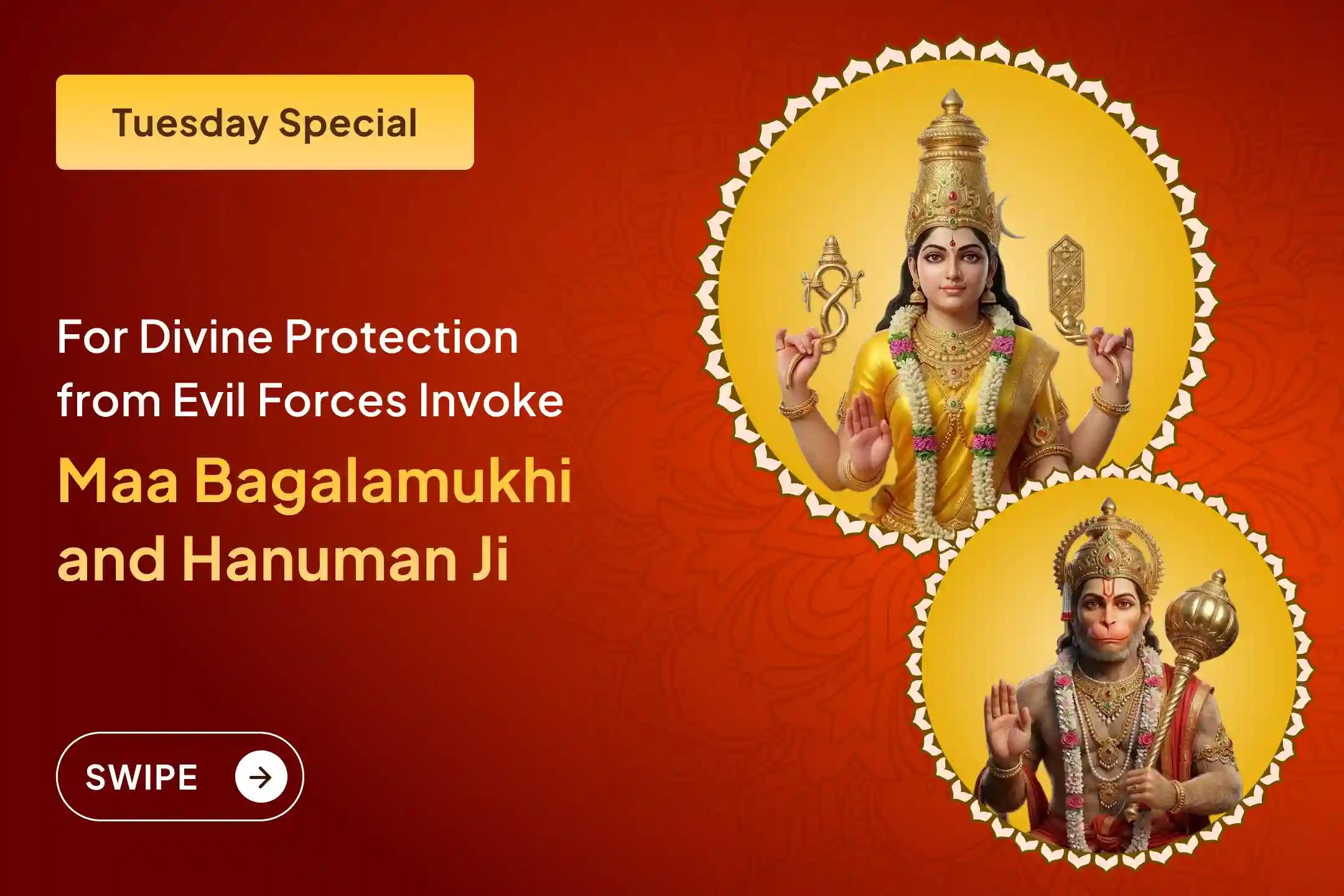 ✨To counter enemies’ conspiracies and gain relief from negativity in life, experience the combined power of Maa Bagalamukhi and Lord Hanuman
