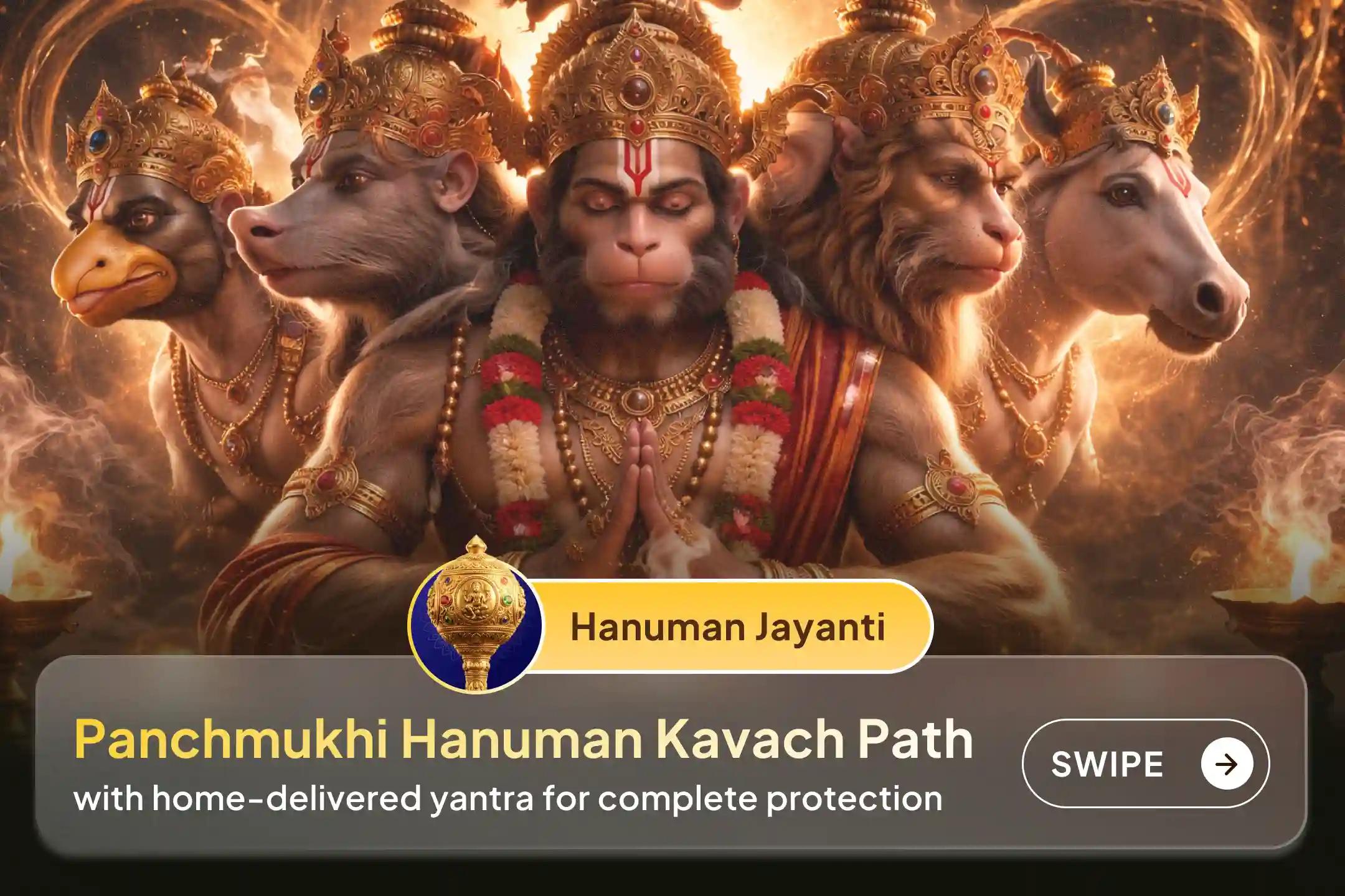 🛕 This Hanuman Jayanti invite Hanuman Ji’s protection home with an energised Panchmukhi Hanuman Yantra, energized through 108 Kavach Path for removing obstacles and negative energies