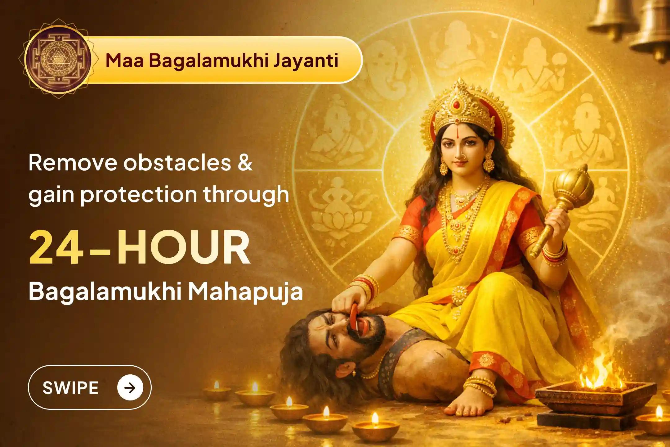 🔥 Experience the biggest 24-hour Maa Bagalamukhi Mahapuja with 8 Brahmins, invoking powerful protection, stability, and victory over continuous obstacles in life.