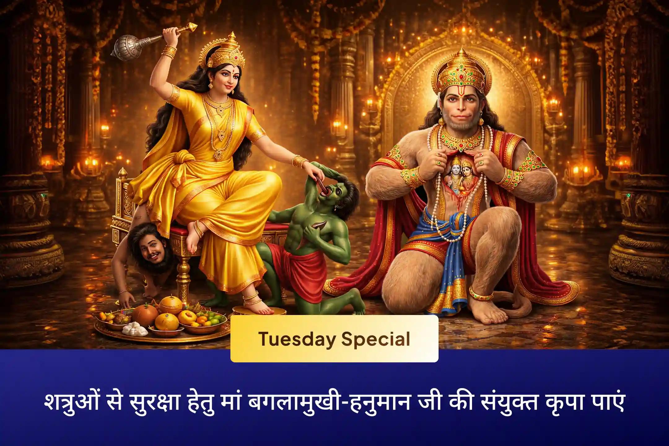 ✨ मां बगलामुखी और भगवान हनुमान की संयुक्त कृपा से जीवन में बढ़ती नकारात्मकता और शत्रुओं की चालों से सुरक्षा का आशीर्वाद प्राप्त करें।