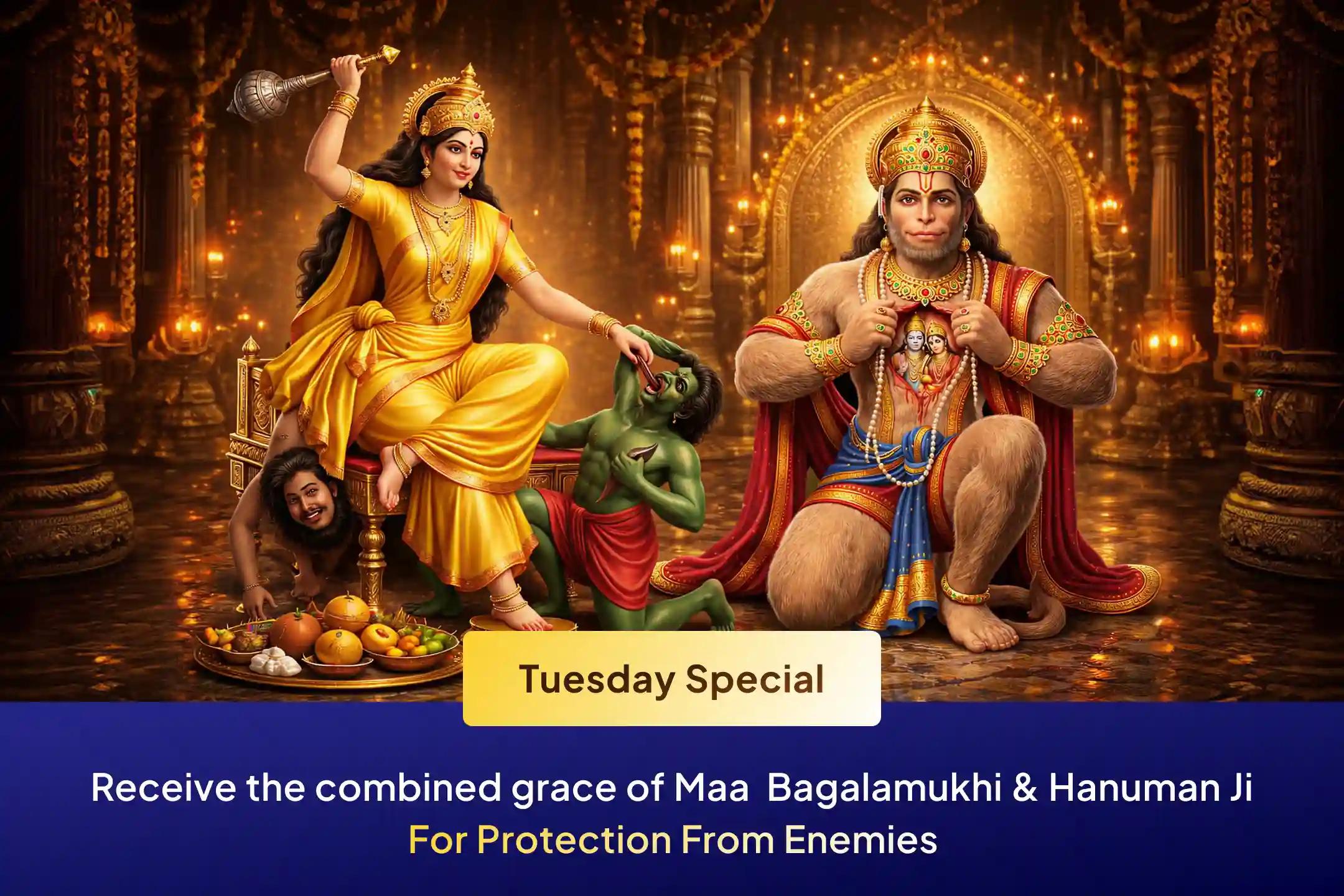 ✨ Receive the combined grace of Maa  Bagalamukhi and Lord Hanuman to protect against increasing negativity and the tactics of enemies in life.