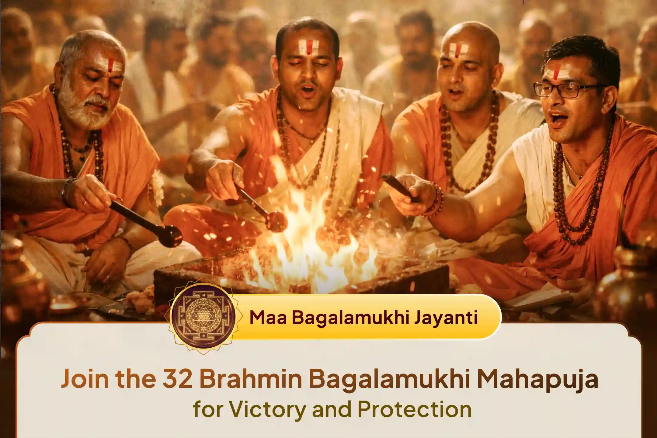 🪔 On Maa Bagalamukhi Jayanti, join the powerful 32 Brahmin Grand Ritual for victory over enemies, success in court cases, and protection from negativity.