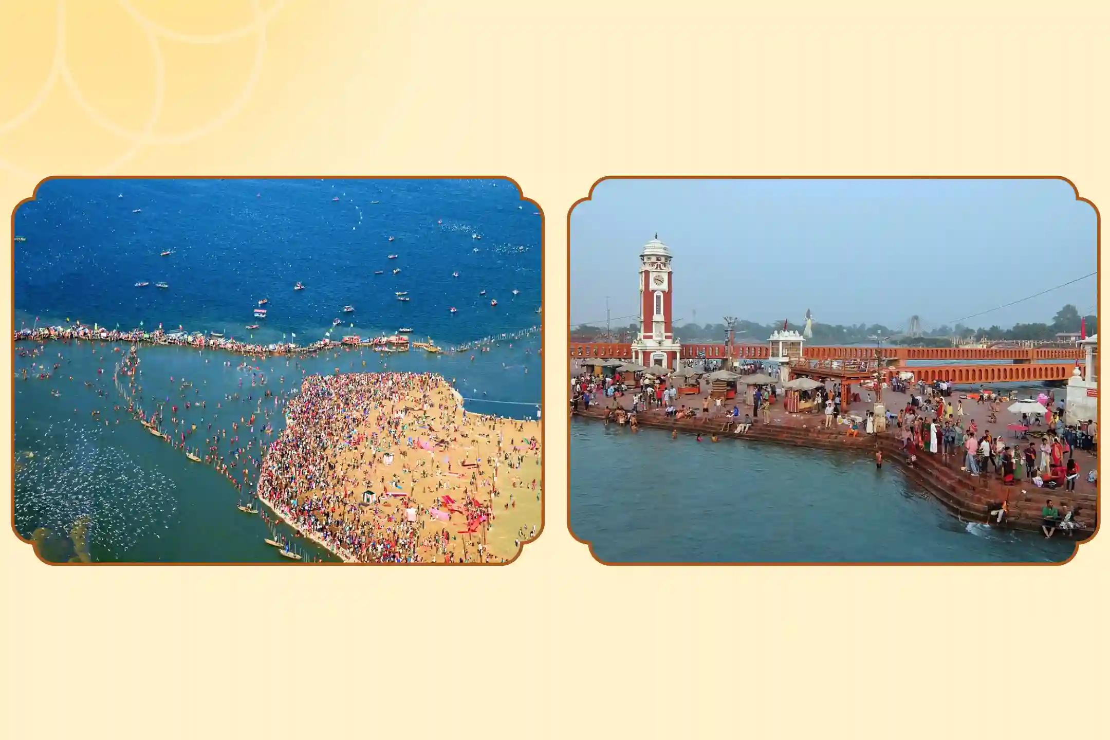 त्रिवेणी संगम, गंगा घाट, प्रयागराज, उत्तर प्रदेश एवं हरिद्वार, उत्तराखंड