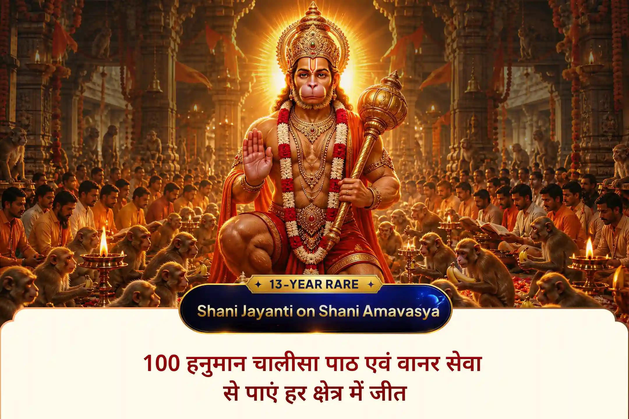 शनि जयंती के पावन अवसर पर हनुमान जी की विशेष कृपा - 100 हनुमान चालीसा पाठ और वानर सेवा महापूजा के माध्यम से जीवन की बाधाओं, नकारात्मकता और शत्रुओं से सुरक्षा का दिव्य आशीर्वाद प्राप्त करें। 🙏
