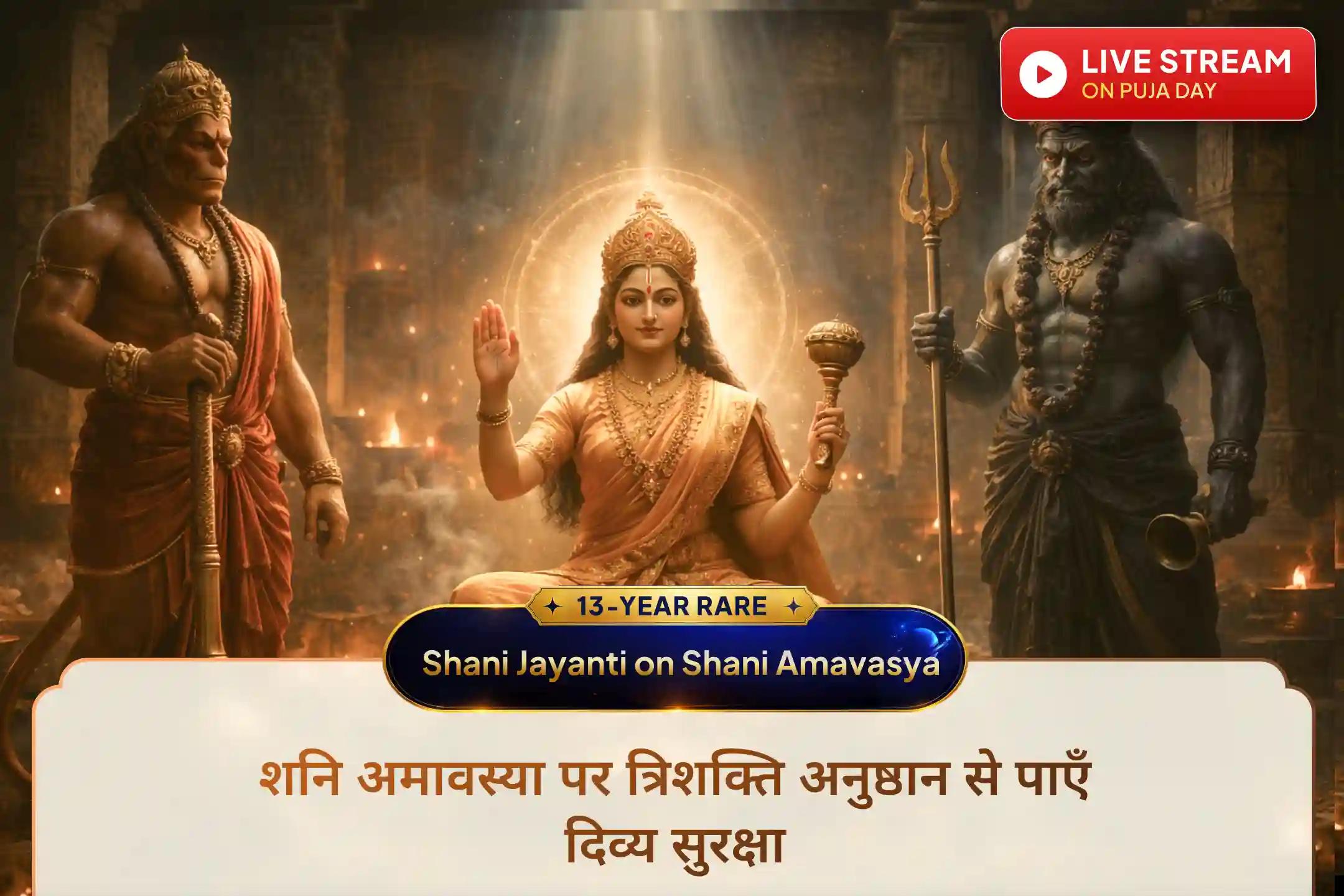 🪐 शनि अमावस्या और शनि जयंती के दुर्लभ संयोग पर करें शक्तिशाली बगलामुखी, काल भैरव और हनुमान पूजा। यह विशेष अनुष्ठान शत्रुओं का नाश, नकारात्मकता को दूर करने, बाधाओं से राहत पाने और जीवन में मजबूत दिव्य सुरक्षा प्राप्त करने के लिए किया जाता है।