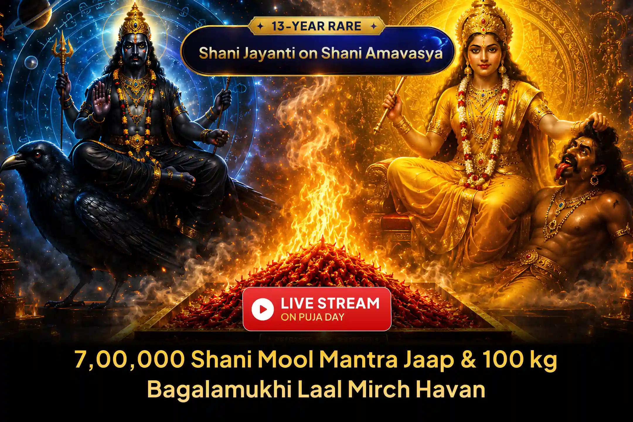 In this rare conjunction occurring after 13 years, join 7,00,000 Shani Mantra chants and a 100 kg Laal Mirch havan LIVE, and receive Shani's grace and powerful protection from all enemy obstacles 
