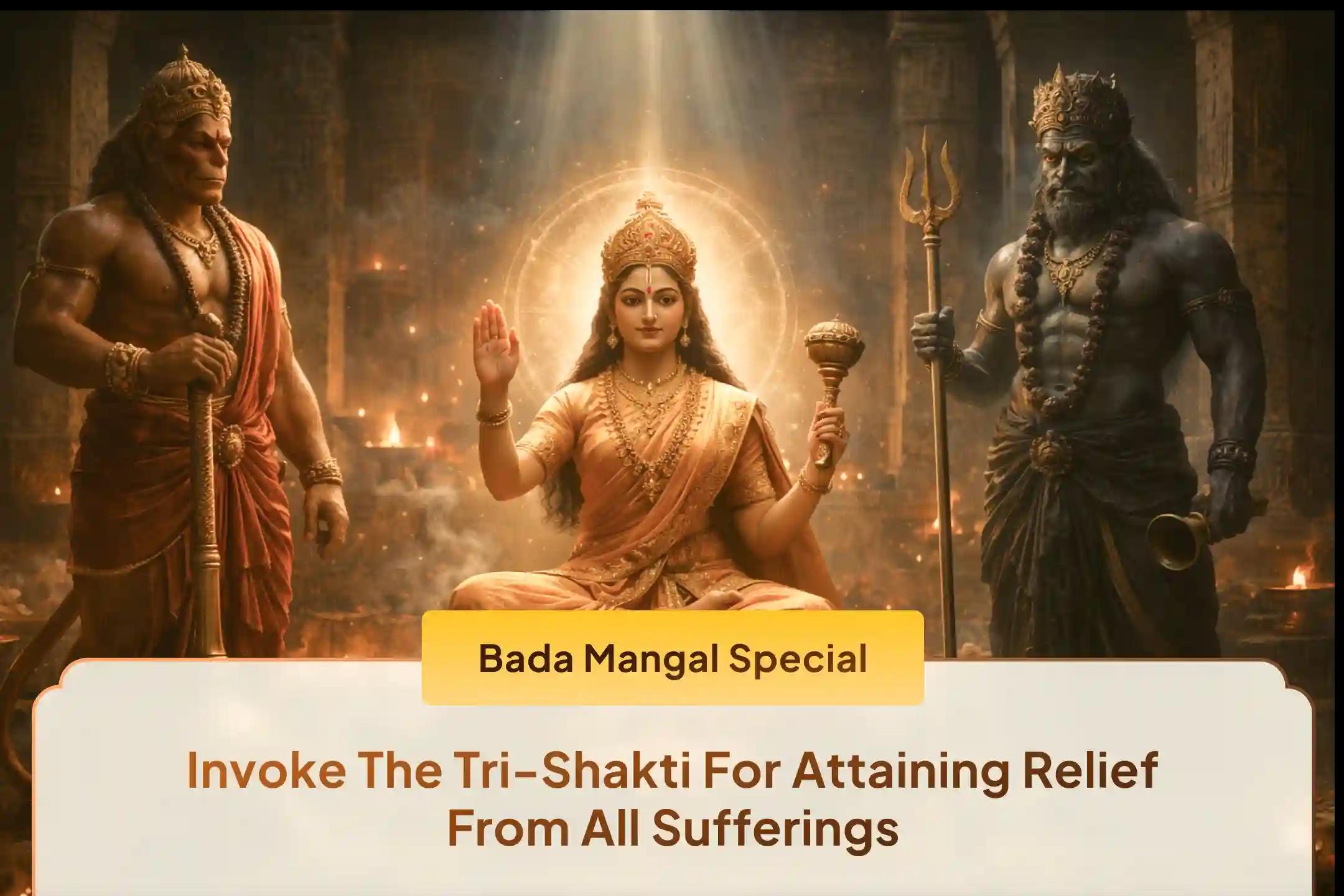 🔥 On the powerful occasion of Bada Mangal, receive the divine protection of Sankatmochan Hanuman Ji along with the blessings of Maa Bagalamukhi and Kaal Bhairav - a sacred combination believed to remove negativity, and clear obstacles from life.