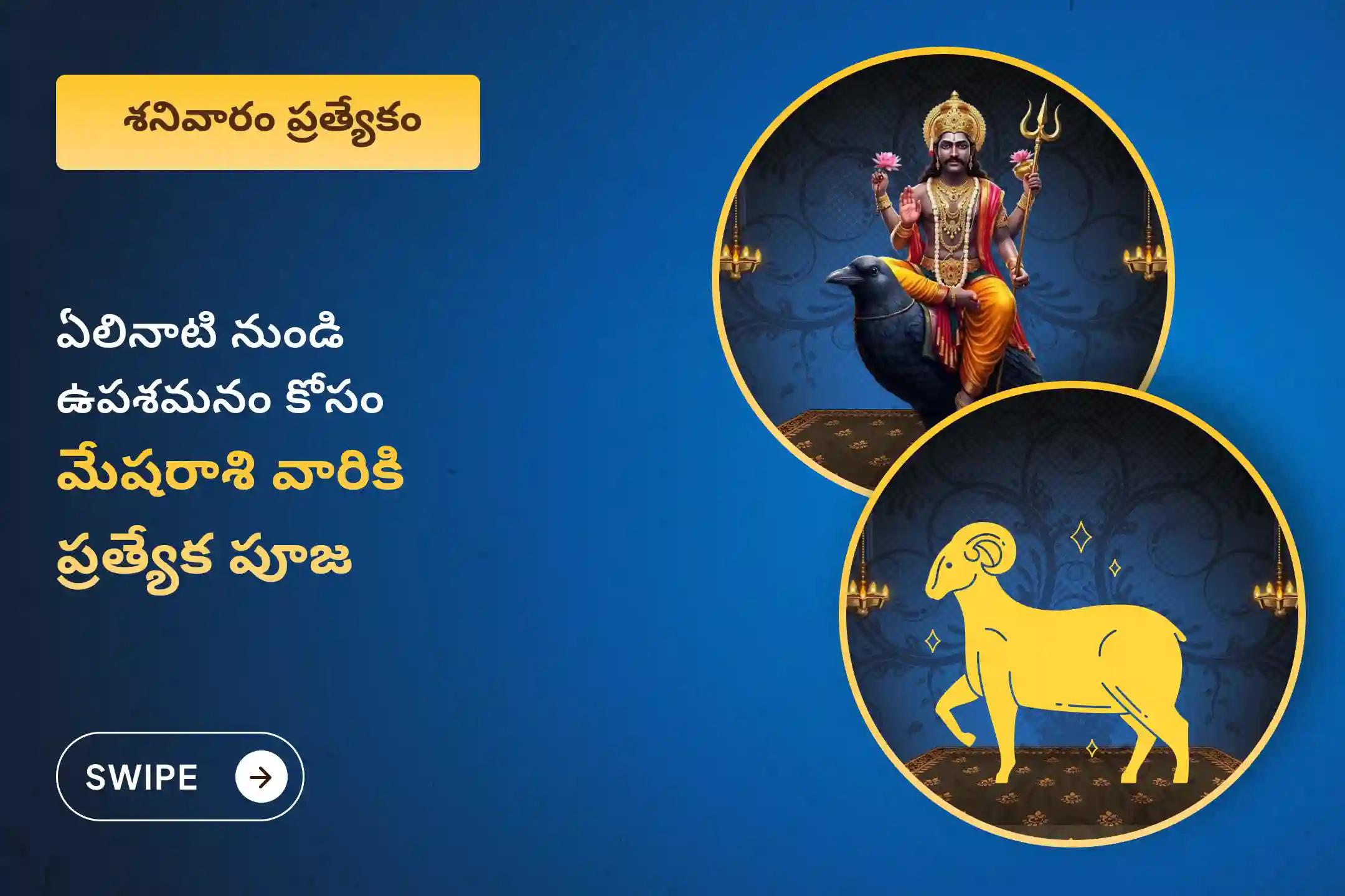 ఏలినాటి శని కారణంగా ఏర్పడే ఆందోళన, ఆర్థిక సమస్యలు, కుటుంబ సమస్యల నుంచి ఉపశమనం పొందేందుకు  శనివారం నాడు జరిగే మేషరాశి ఏలినాటి శని ప్రత్యేక శాంతి పూజలో పాల్గొనండి.