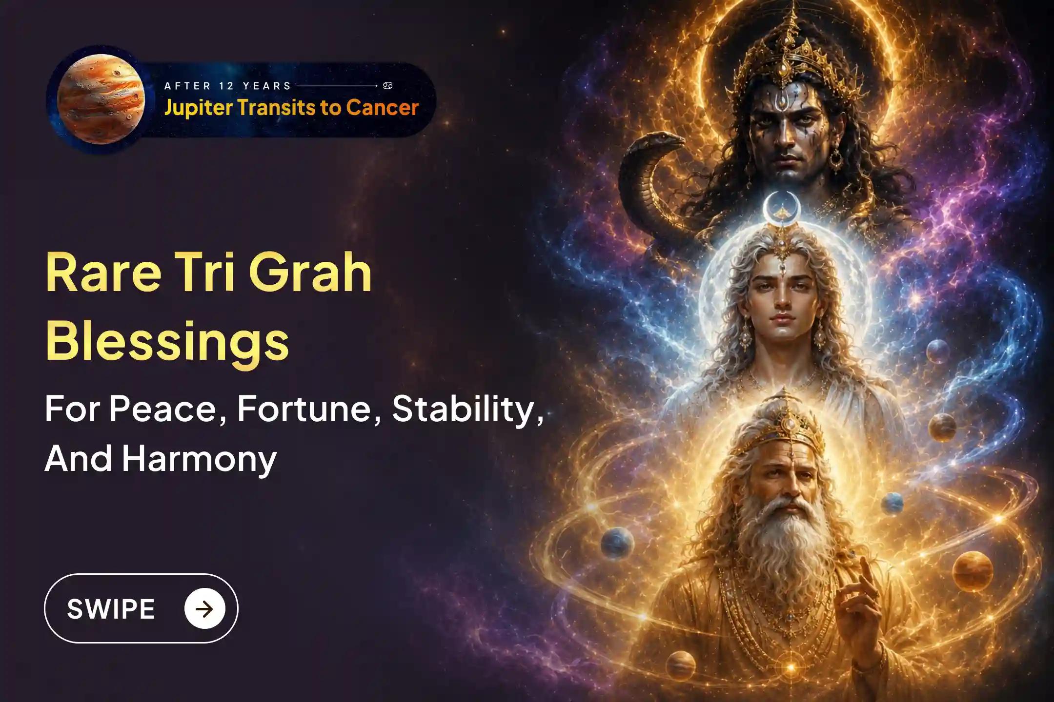 🔱 Rare Tri Grah Shakti blessings to stabilise relationships, calm emotions, and attract fortune during powerful transit. 