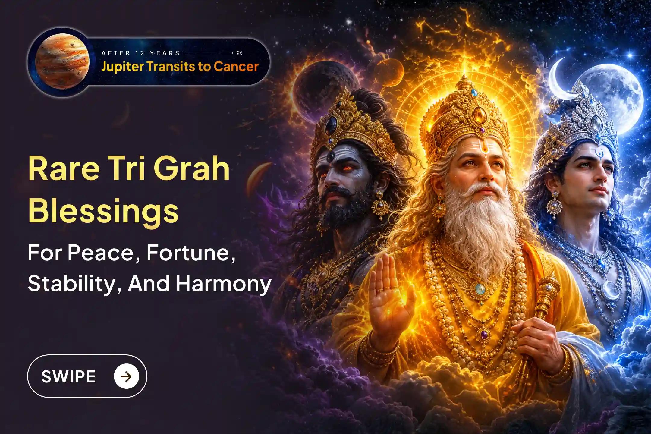 🔱 Rare Tri Grah Shakti blessings to stabilise relationships, calm emotions, and attract fortune during powerful transit. 