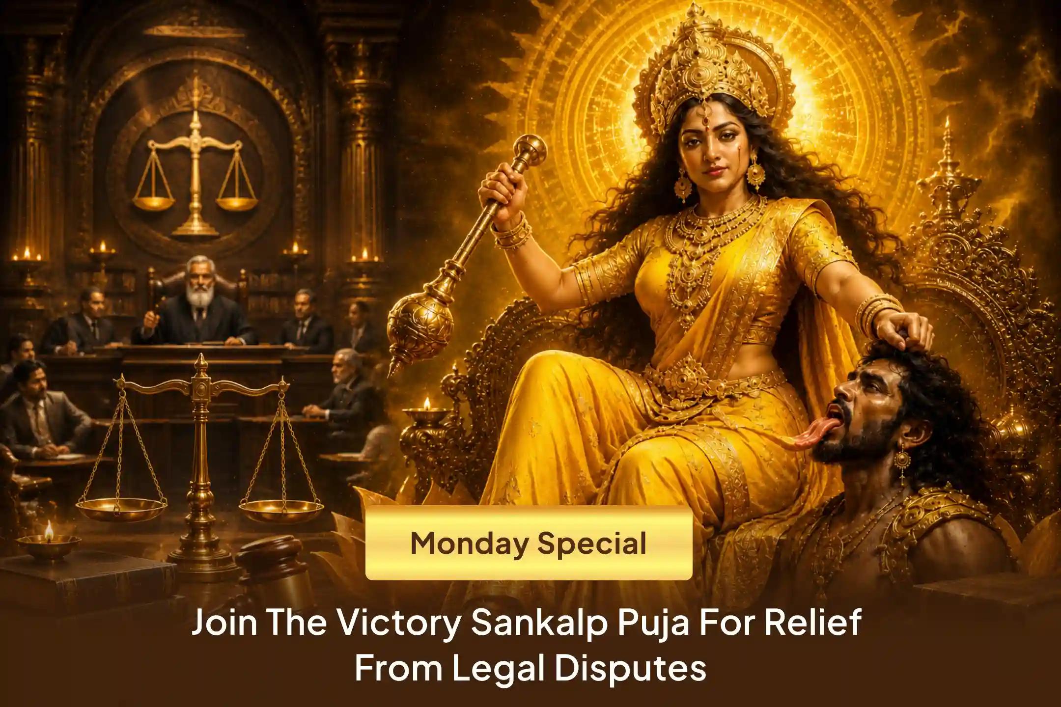 ⚖️ Unable to see a way out of your court case? Constantly stuck in legal battles and repeated court visits? Join this Legal Victory Sankalp Puja and seek the blessings of Maa Bagalamukhi to attain victory and bring peace into your life.