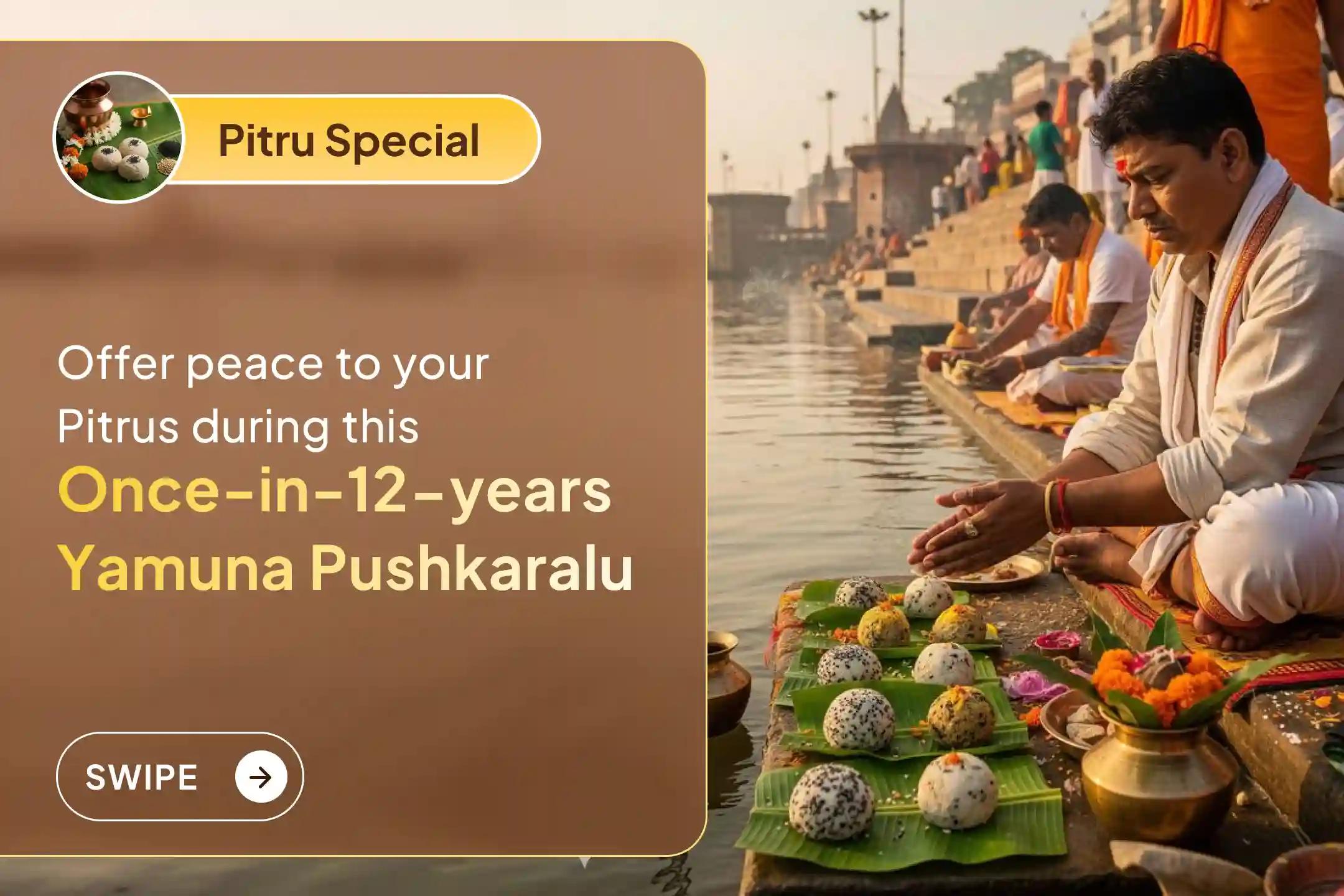 🕉️During this Yamuna Pushkaralu, coming once in 12 years, perform special rituals like Pitru Shanti Puja, Nadi Pinda Pradanam, and Yamuna Aarti to seek relief from Ancestral Curses and Bring Peace to Departed Souls 🙏