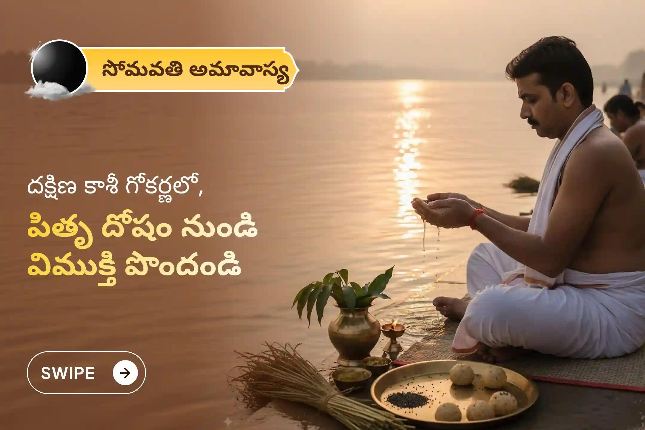 పితృల శాపాల నుండి విముక్తి అలాగే మరణించిన ఆత్మలకు శాంతి కోసం సోమవతి అమావాస్య పితృ శాంతి ప్రత్యేక నారాయణ బలి పూజ, త్రిపిండి శ్రాద్ధం, పితృ దోష శాంతి పూజ మరియు తిల హోమంలో పాల్గొనండి