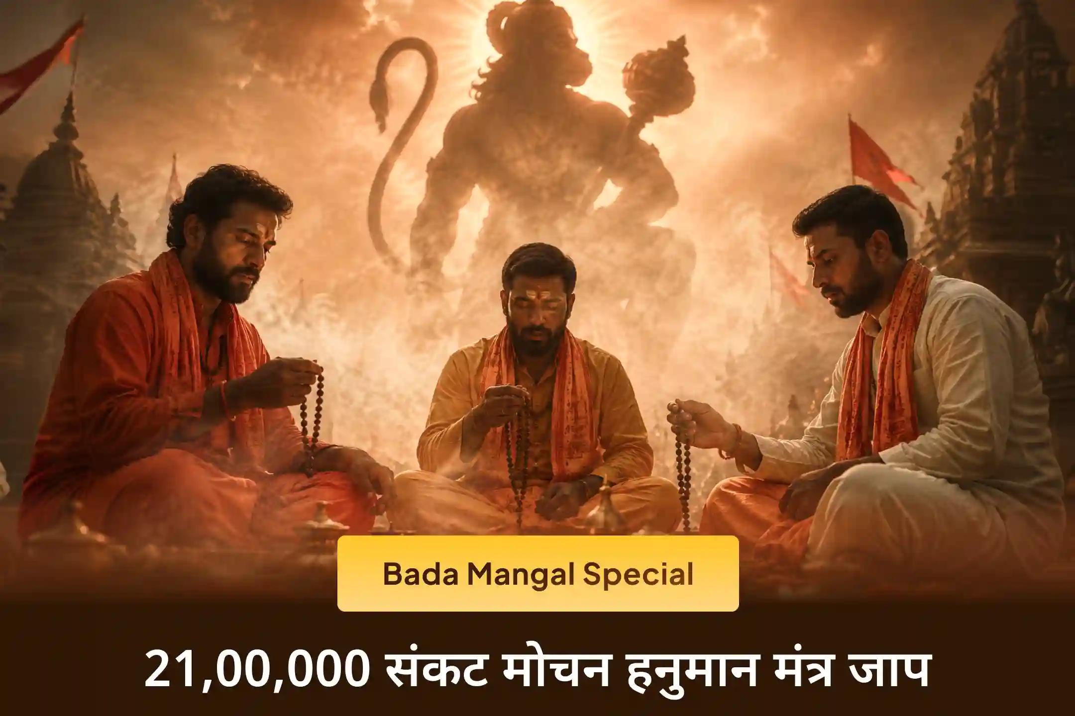 🚩 अंतिम बड़ा मंगल पर 21 लाख मंत्र जाप, महायज्ञ और भव्य बूंदी प्रसाद सेवा के माध्यम से हनुमान जी की दिव्य कृपा और आशीर्वाद प्राप्त करें।