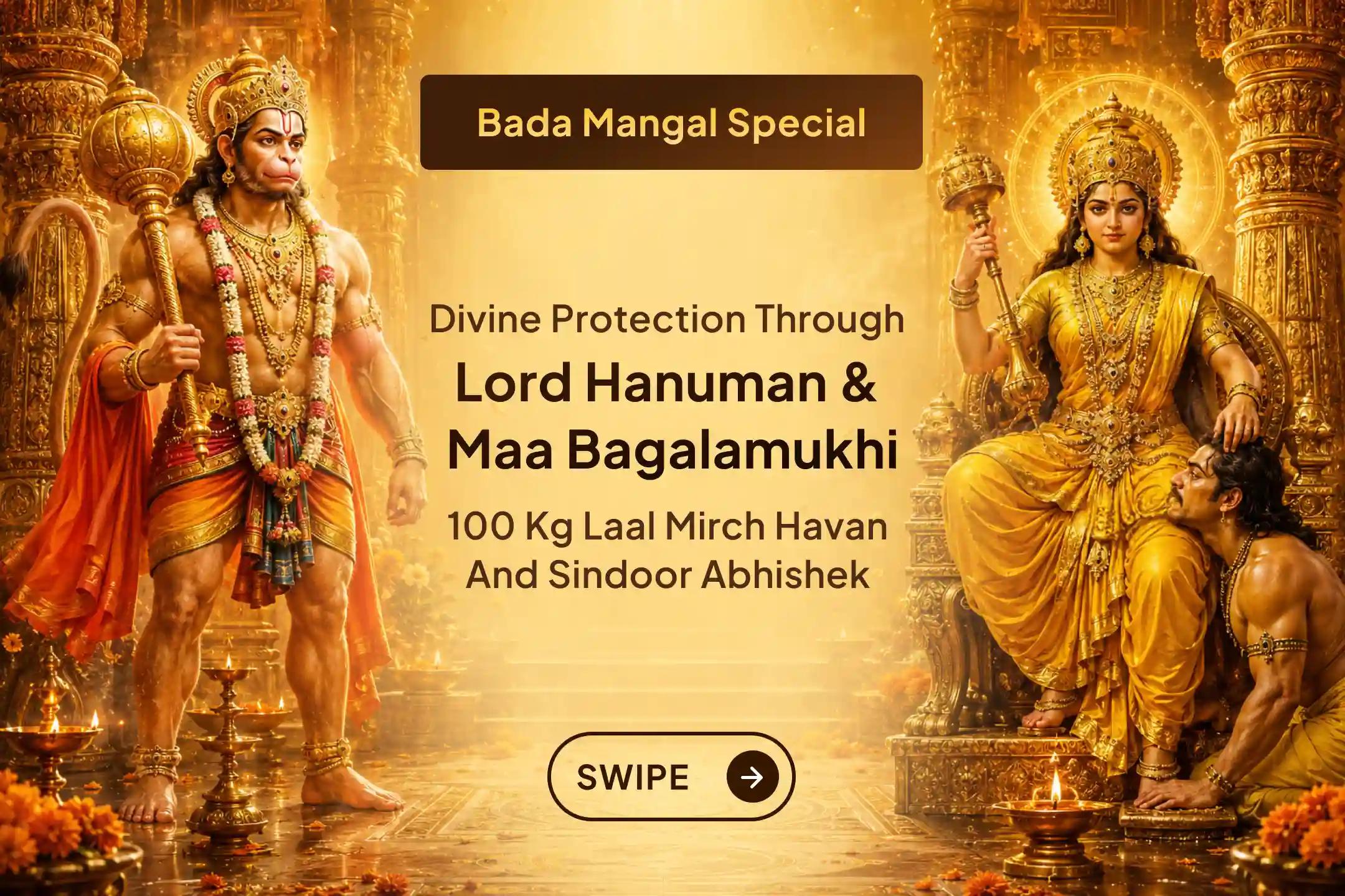 🔥 This final Bada Mangal, seek the powerful blessings of Lord Hanuman and Maa Bagalamukhi through the 100 kg Sindoor & Chameli Tel Abhishek and 100 kg Laal Mirch Havan for protection and obstacle removal.
