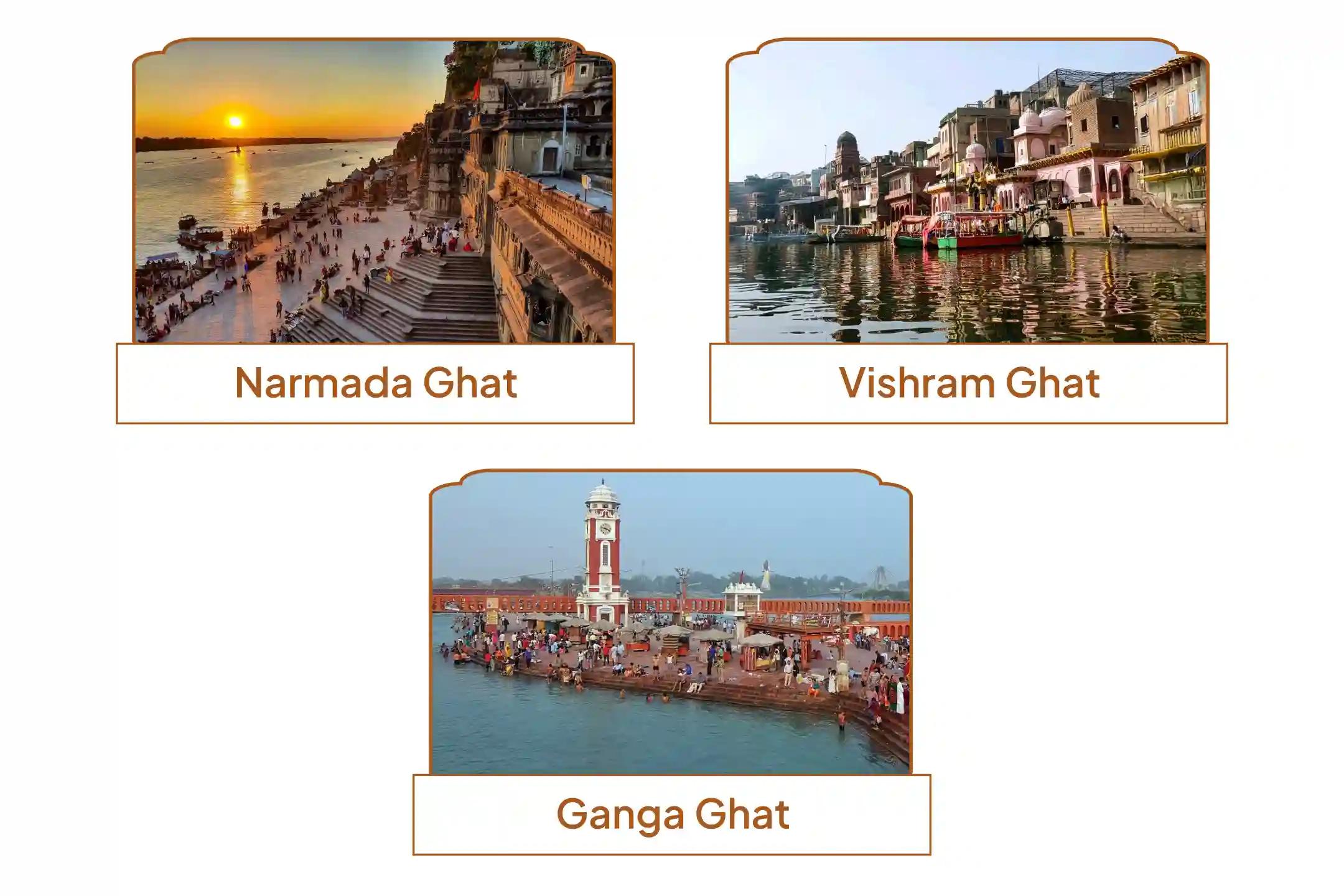 गंगा घाट, विश्राम घाट, नर्मदा घाट, हरिद्वार, मथुरा, खंडवा | उत्तराखंड, उत्तर प्रदेश, मध्य प्रदेश