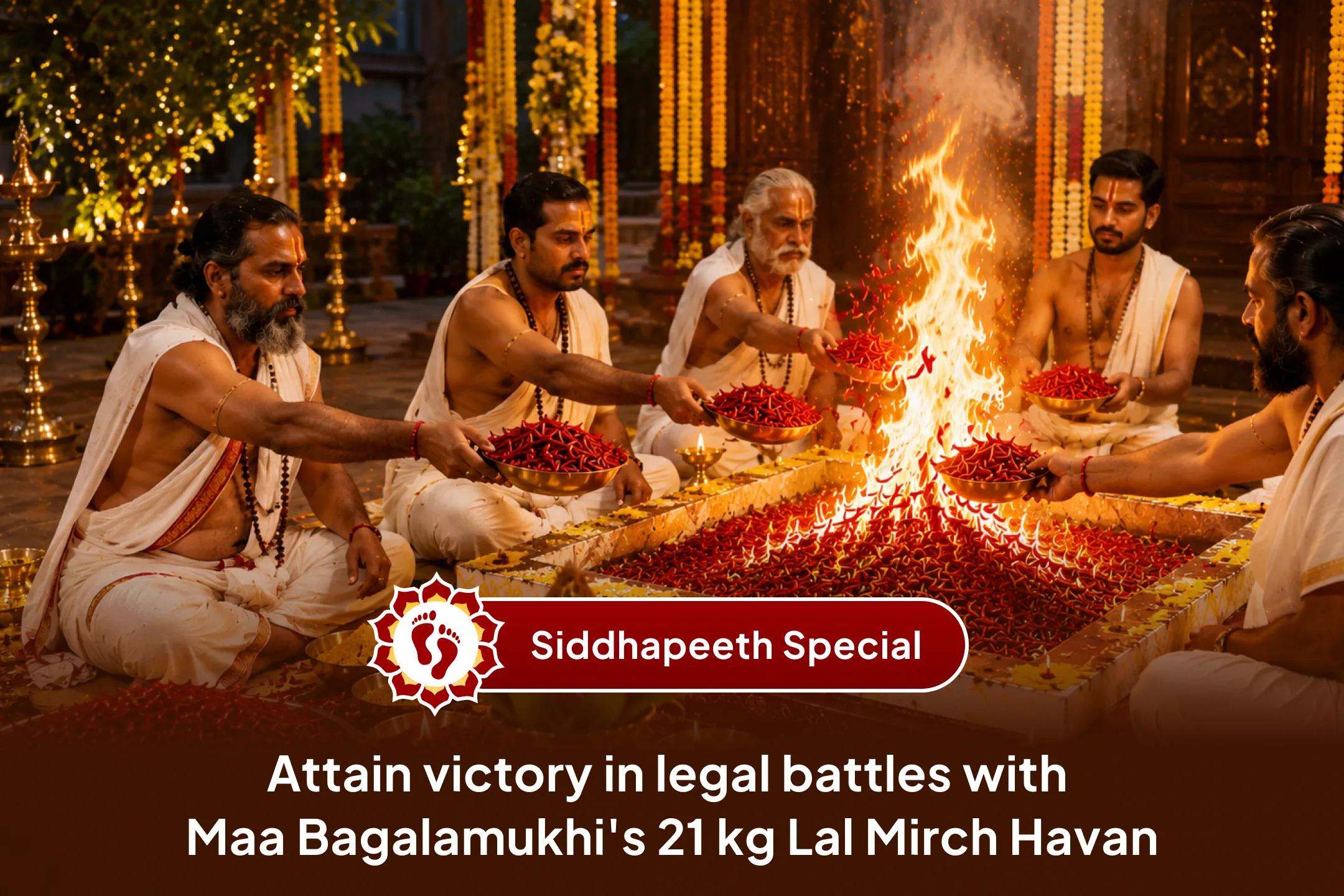 🔥 When enemies rise and legal battles persist, seek Maa Bagalamukhi’s divine intervention through the powerful 21 kg Lal Mirch Havan.