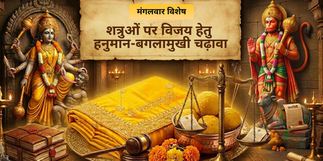जब आपके विरुद्ध पूरी दुनिया चक्रव्यूह रच रही हो, तब बजरंगबली और माँ बगलामुखी को अपना ढाल बनाइए। शत्रु-मुक्ति और विजय प्राप्ति हेतु चढ़ावा करें। 