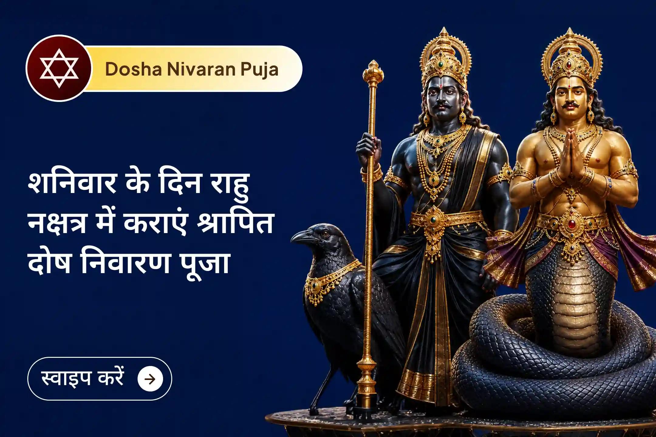 श्रापित दोष निवारण के लिए शनिवार के दिन राहु नक्षत्र के विशेष संयोग में होने वाली इस विशेष पूजा के माध्यम से शनि-राहु शांति की प्रार्थना करें और जीवन में प्रगति के मार्ग को सुगम बनाएं।