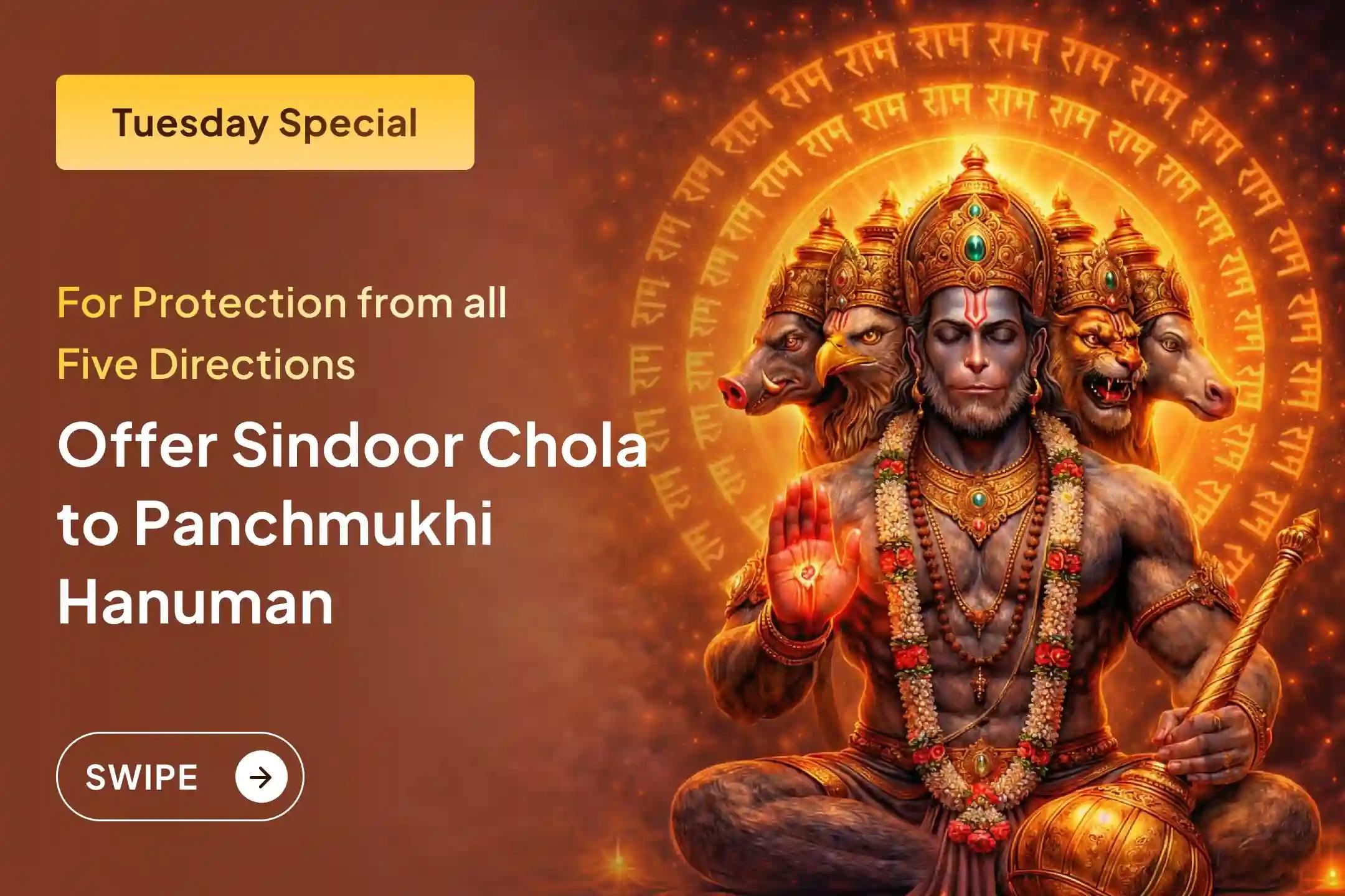 🌟 This Tuesday, join the Panchmukhi Hanuman Sindoor Chola Offering and Jasmine Oil Abhishek ritual to invoke divine protection from all five directions and awaken the power of courage in your life