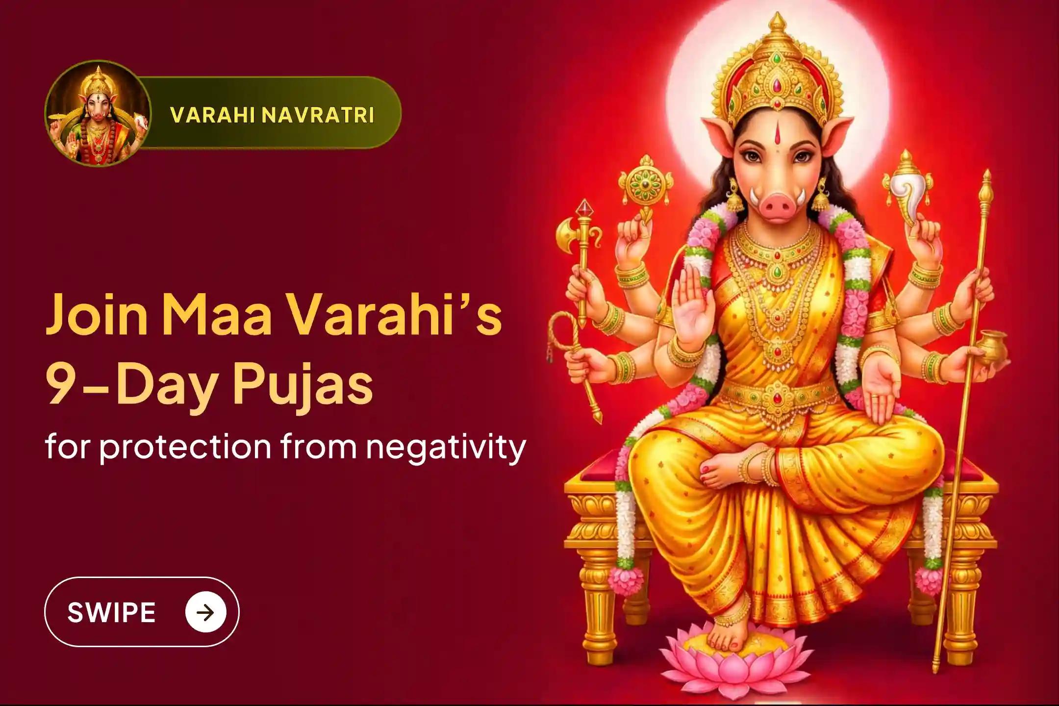 🕉️Participate in the Varahi Navaratri 9-day Varahi Kavacham Stotra Path, Varahi Sahasranaam, and Homam happening on the first day of Varahi Navaratri to get protection from negativity, courage, authority, and victory over obstacles.🙏