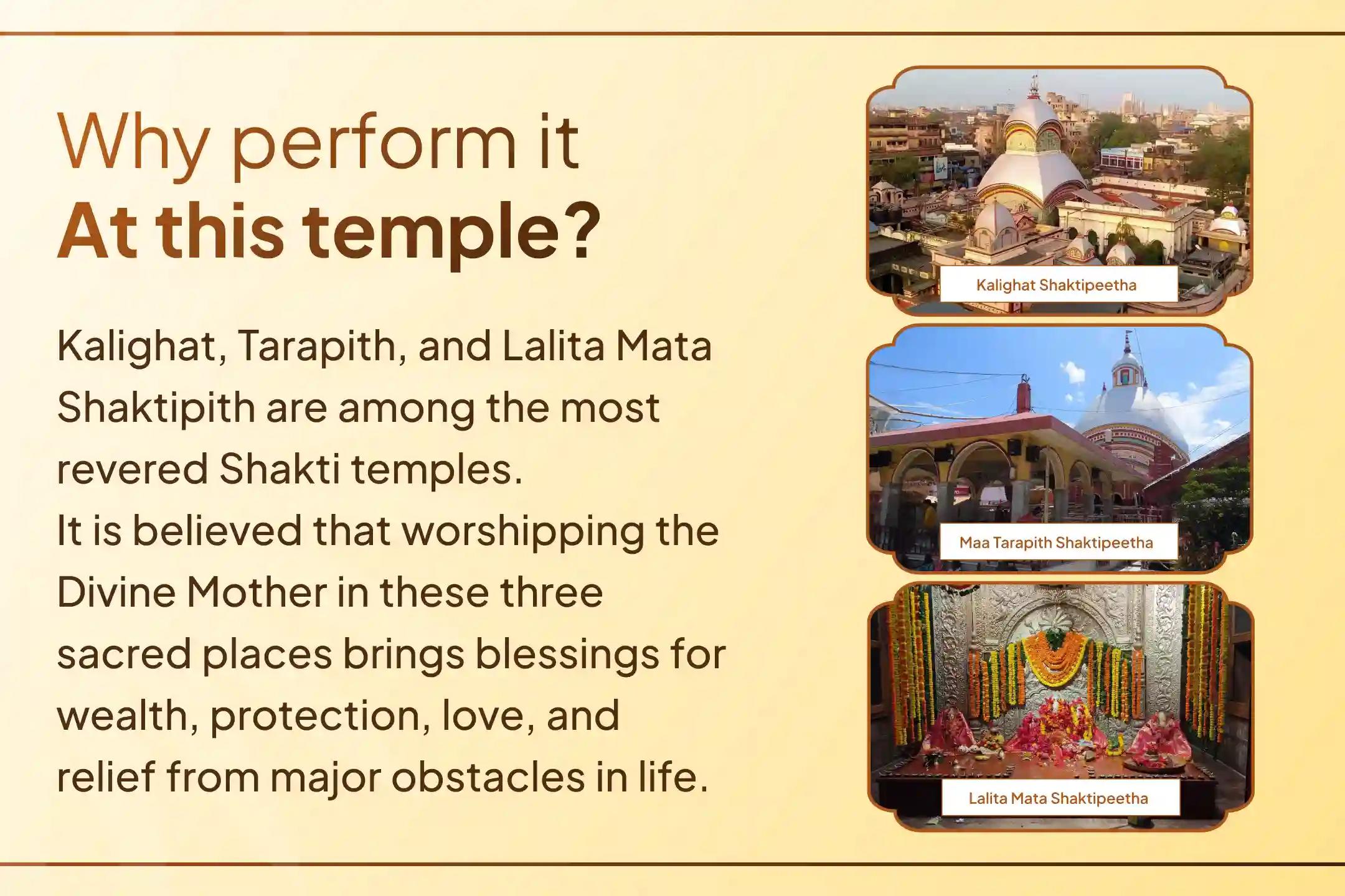 Participate through Shri Mandir in this rare Mahapuja and Mahayagya performed simultaneously at three sacred Shakti temples and seek the combined blessings of Maa Tara, Maa Kali, and Maa Lalita for prosperity, protection, and happiness.