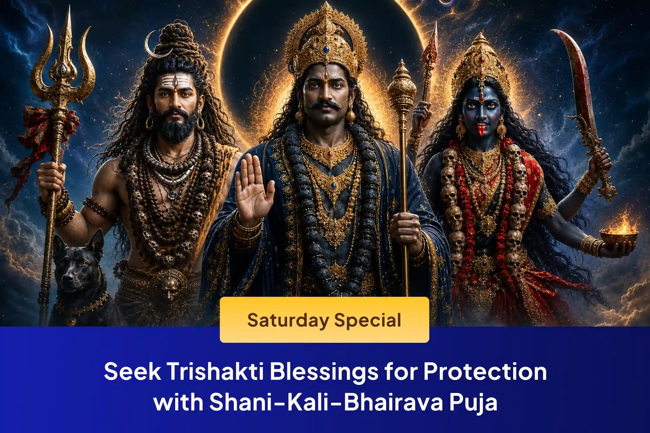 This sacred Saturday, receive the combined blessings of Shani Dev, Maa Kali, and Bhairav for protection, health, and lasting life stability.