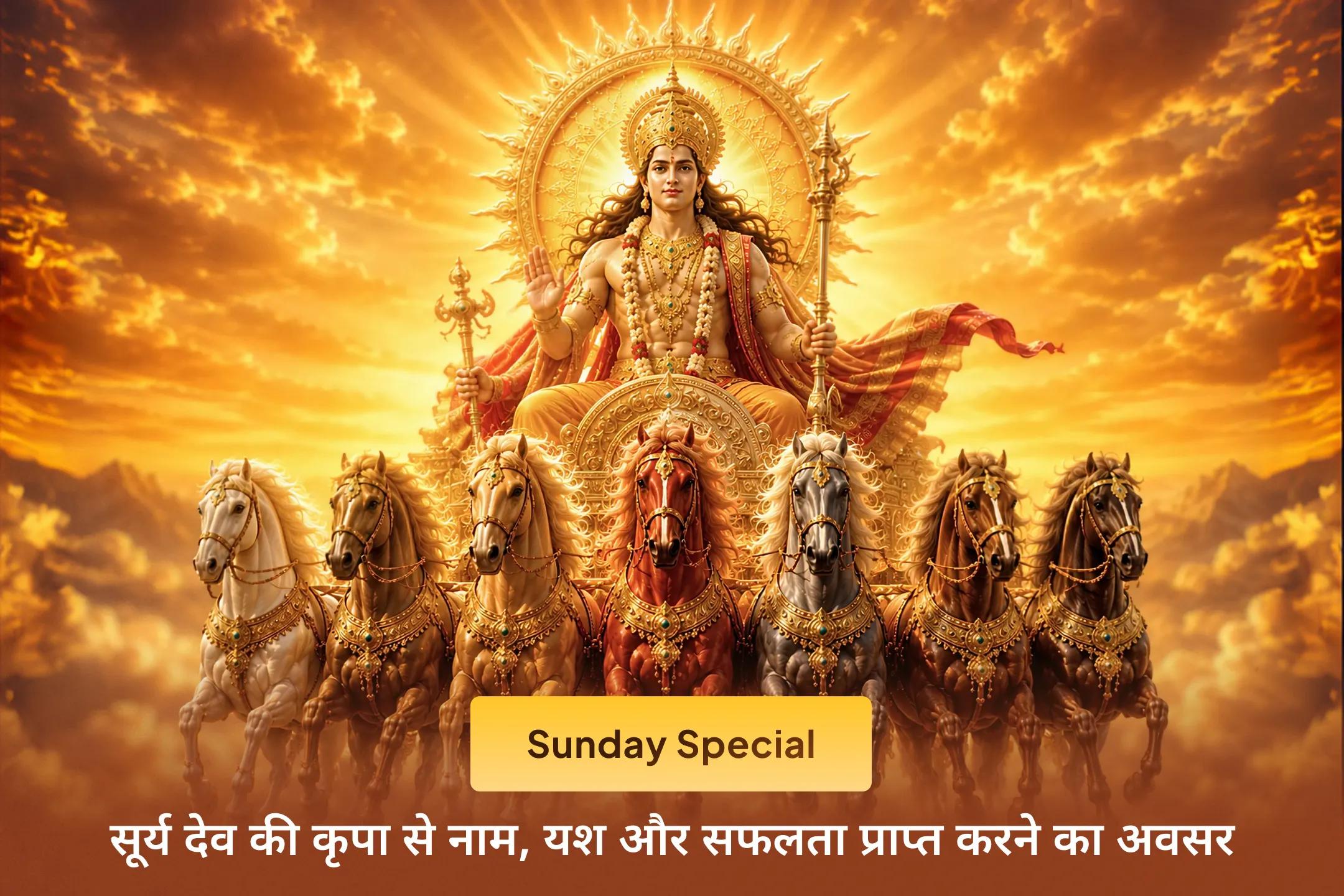 ☀️ क्या आप जीवन में नाम, यश, सम्मान और सामाजिक पहचान प्राप्त करना चाहते हैं? सूर्य देव को समर्पित इस पावन रविवार पर इस भव्य अनुष्ठान में भाग लेकर नवग्रहों के राजा सूर्य देव का दिव्य आशीर्वाद प्राप्त करें।