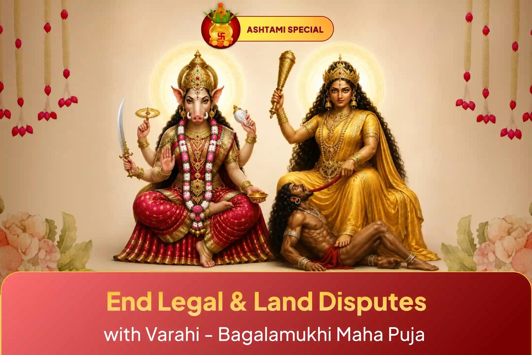 Participate in the Ashtami Special ‘Maa Varahi Ashtakam Path and Maa Bagalamukhi Kavach Path Maha Puja’ to seek relief from land disputes and legal cases, and to win over enemies.