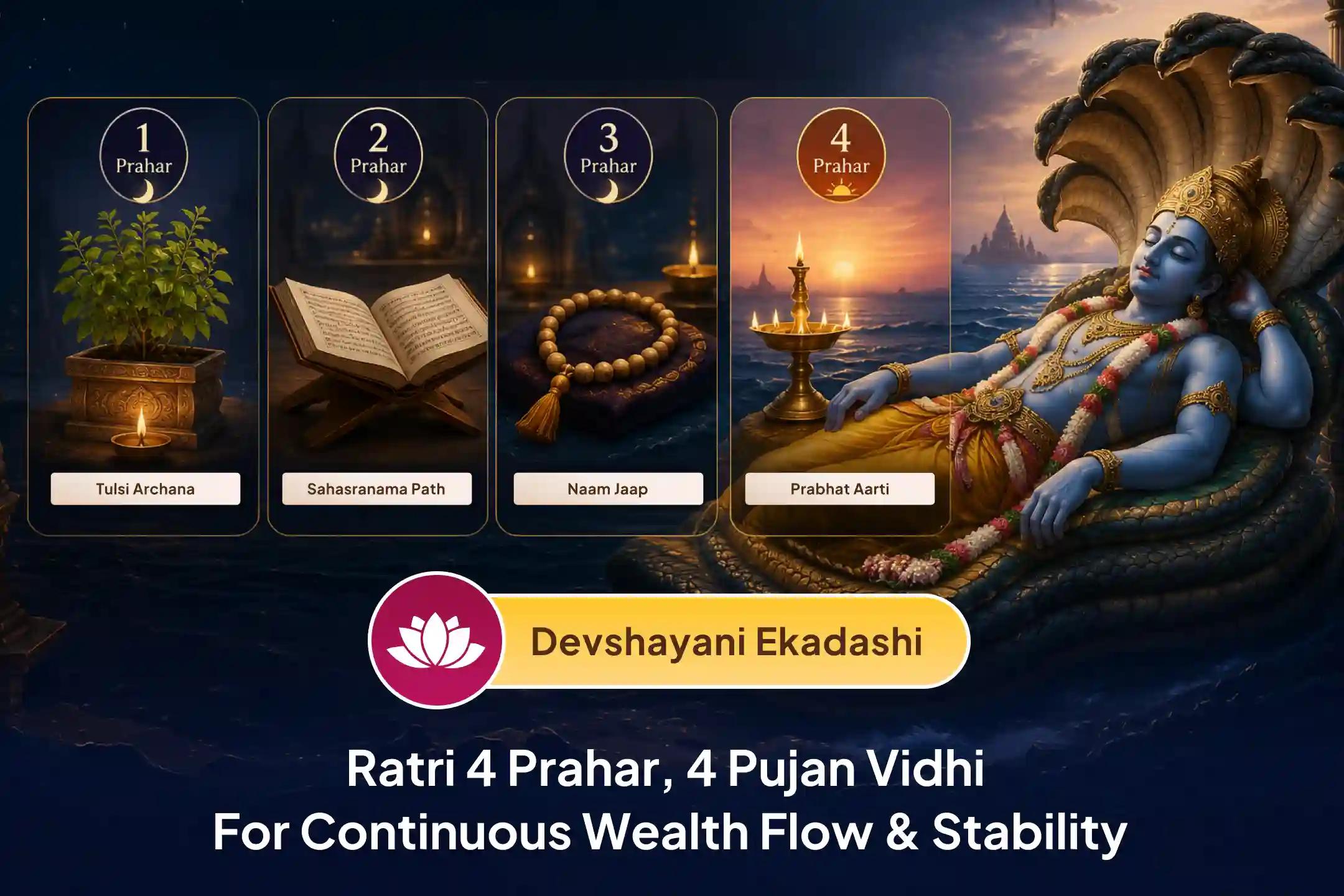 This Devshayani Ekadashi, participate in the sacred Ratri 4 Prahar, 4 Vidhi Midnight Pujan to seek Lord Vishnu's blessings for lasting prosperity, stability, and divine grace.