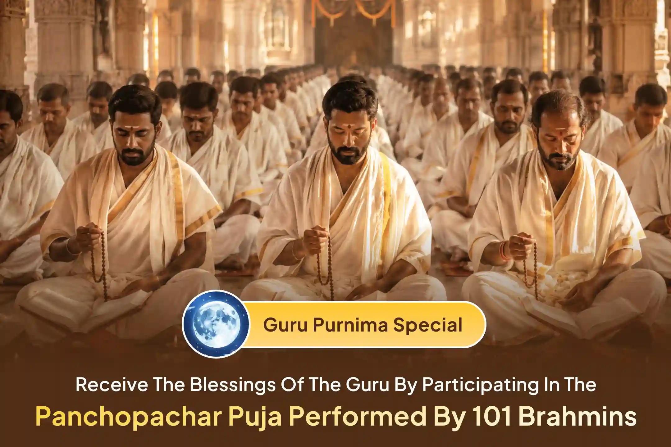 "ब्राह्मणो जन्मनाम गुरु" - – According to the Bhagavata Purana, Brahmins are regarded as the embodiment of the Guru. This Guru Purnima, participates in the worship of 101 Brahmins and seeks the Guru's grace to open the path to success and happiness.