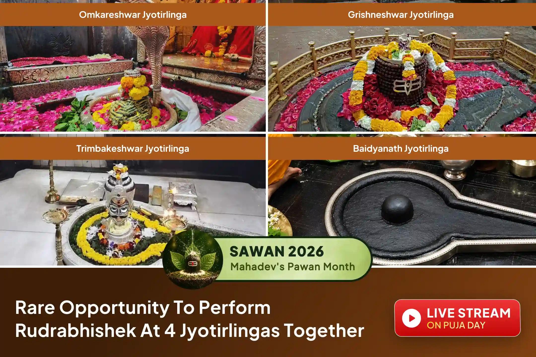 Receive the rare blessings of Lord Shiva by participating in the divine Rudrabhishek at four sacred Jyotirlingas on the first Monday of Sawan.