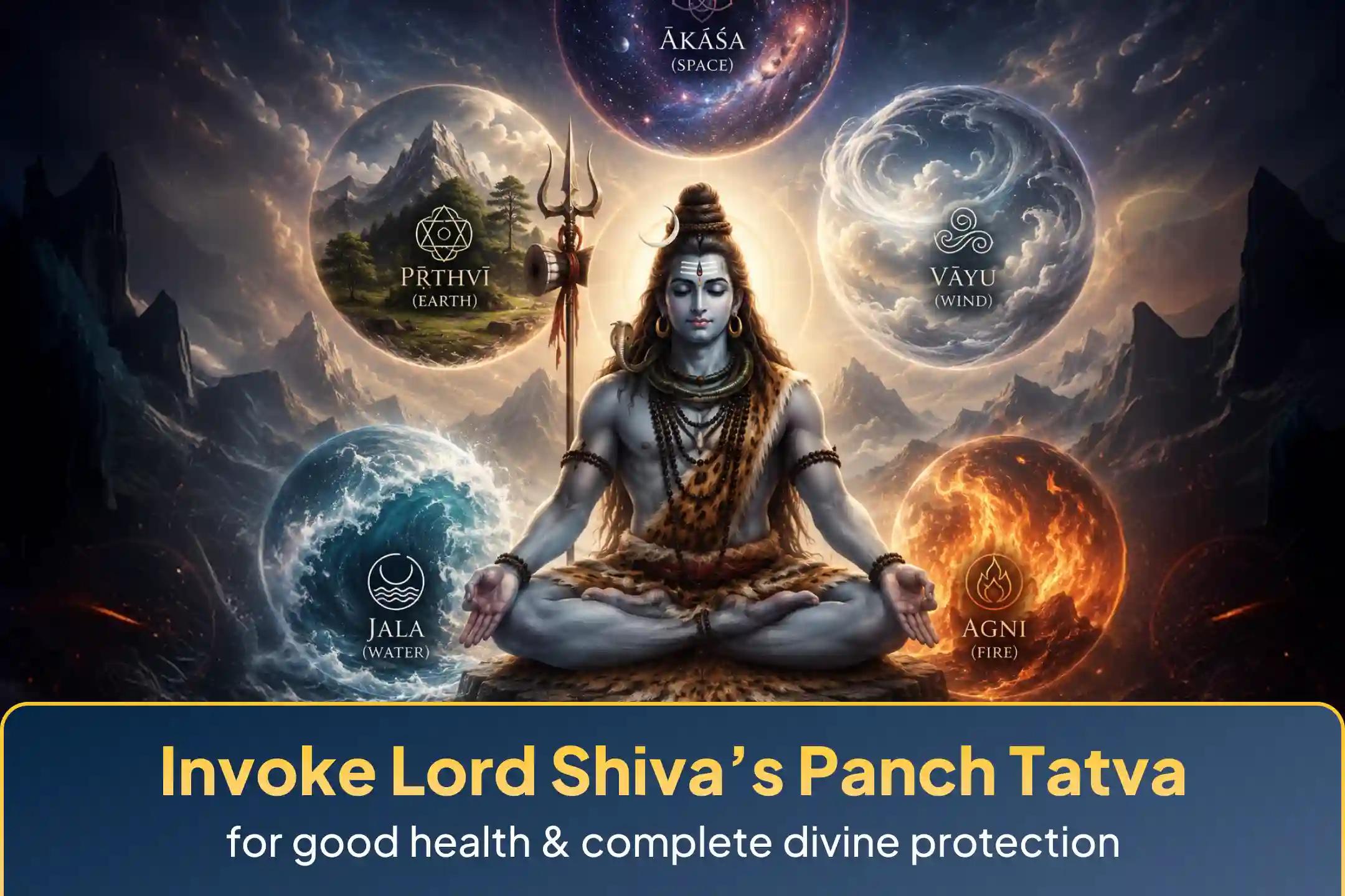 Participate in the 'Panch Tatva (Prithvi, Jala, Vayu, Akaash, Agni) Maha Rudrabhishek at Five Sacred Shivalayas' on auspicious Monday for blessings of good health and protection from negative influences