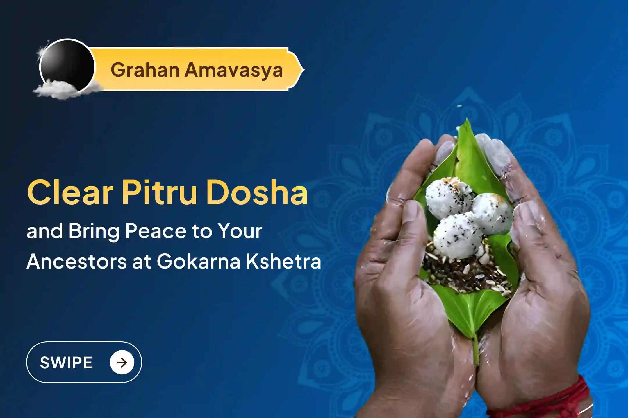 Participate in the Grahan Amavasya Gokarna Kshetra Pitru Shanti Special Narayan Bali Puja, Tripindi Shradh, Pitru Dosh Shanti Puja, and Tila Homa to relieve ancestral curses and bring peace to departed souls.
