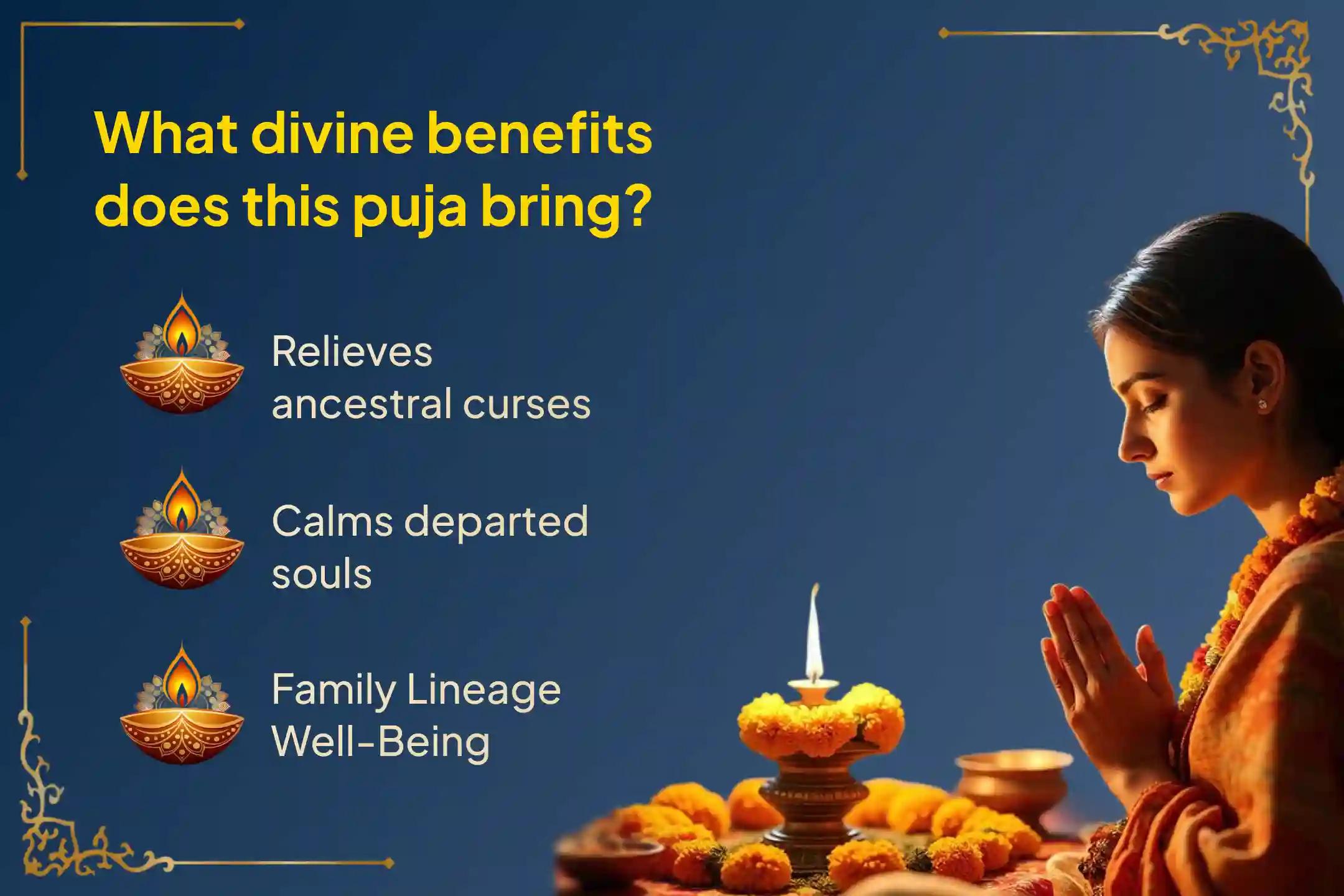 Participate in the Grahan Amavasya Gokarna Kshetra Pitru Shanti Special Narayan Bali Puja, Tripindi Shradh, Pitru Dosh Shanti Puja, and Tila Homa to relieve ancestral curses and bring peace to departed souls.
