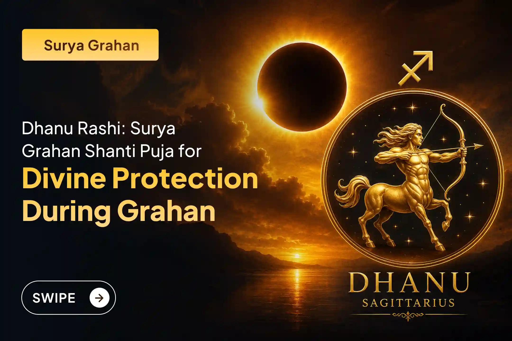 Participate in the 'Surya Grahan Shanti Puja for Sagittarius Rashi (Dhanu)' on Surya Grahan Amavasya to seek protection from eclipse afflictions, maintain inner mental stability, and invoke blessings for physical vitality and good health.
