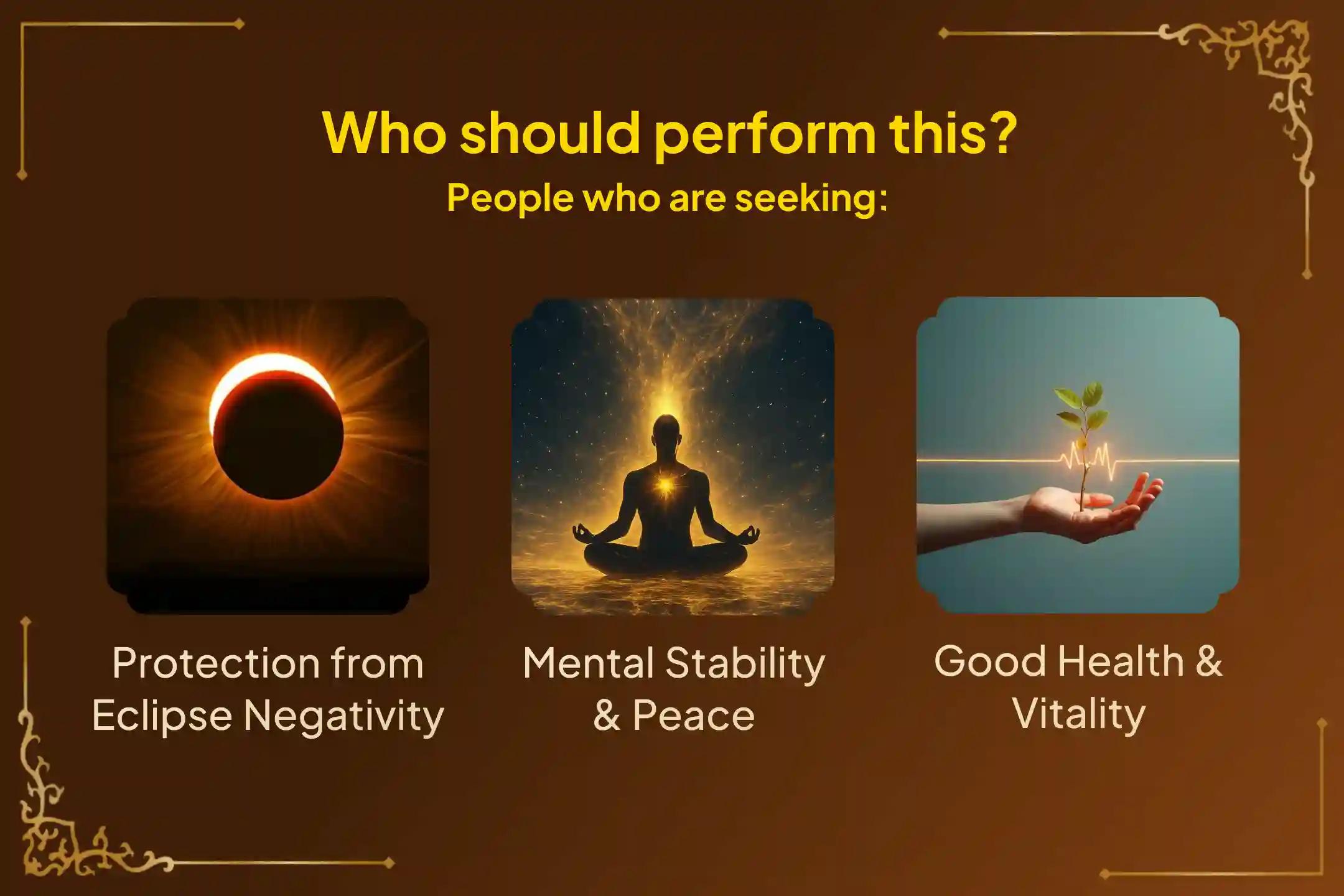 Participate in the 'Surya Grahan Shanti Puja for Sagittarius Rashi (Dhanu)' on Surya Grahan Amavasya to seek protection from eclipse afflictions, maintain inner mental stability, and invoke blessings for physical vitality and good health.