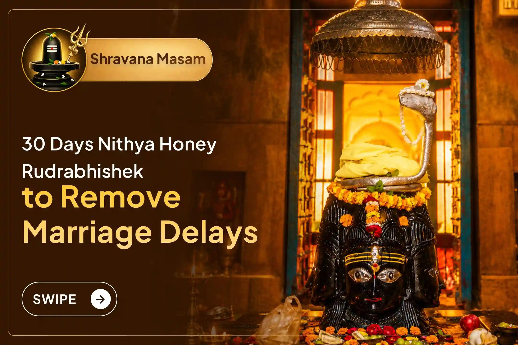 Participate in the '30 Days Nithya Honey Rudrabhishekam' throughout the holy month of Shravana to seek divine blessings for removing marriage delays, attracting a suitable life partner, and marital harmony