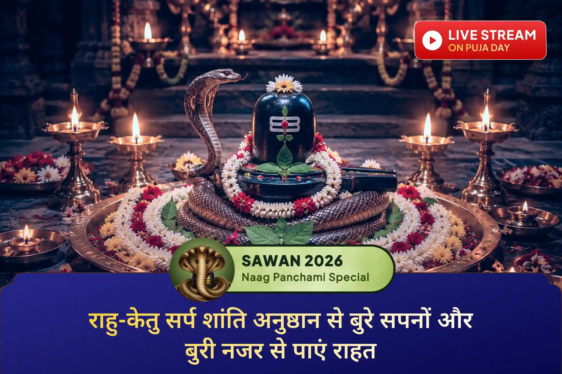 सावन नाग पंचमी पर बुरी नजर के प्रभाव से रक्षा, राहु-केतु दोष शांति तथा धन, स्वास्थ्य और करियर में प्रगति की प्रार्थना करें।