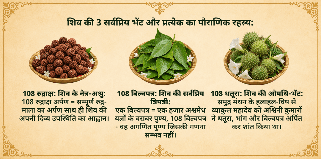 अंतिम सावन सोमवार शिव 3 प्रिय भेंट अर्पण 108 रुद्राक्ष, 108 बिल्वपत्र एवं 108 धतूरा 