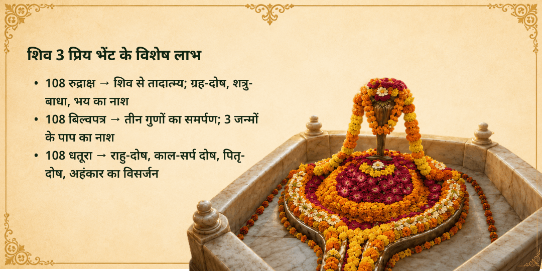 अंतिम सावन सोमवार शिव 3 प्रिय भेंट अर्पण 108 रुद्राक्ष, 108 बिल्वपत्र एवं 108 धतूरा 