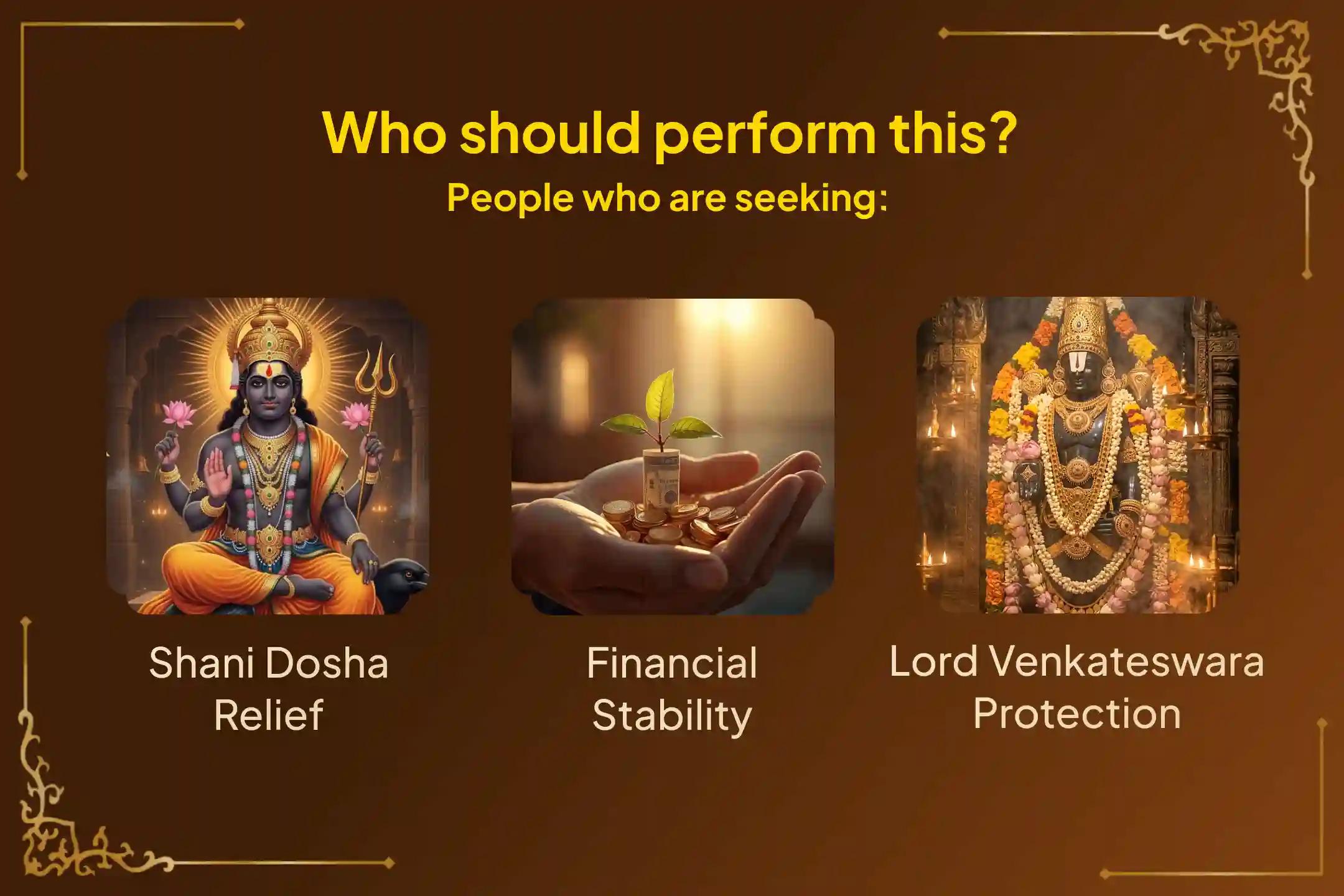 Participate in the 'Sri Venkateswara Sapta Shanivara Vratam Pooja' on Shravana Saturday to mitigate the malefic effects of Shani Dev, overcome financial hardships, and attain long-term financial stability and Venkateswara Swamy’s complete protection.