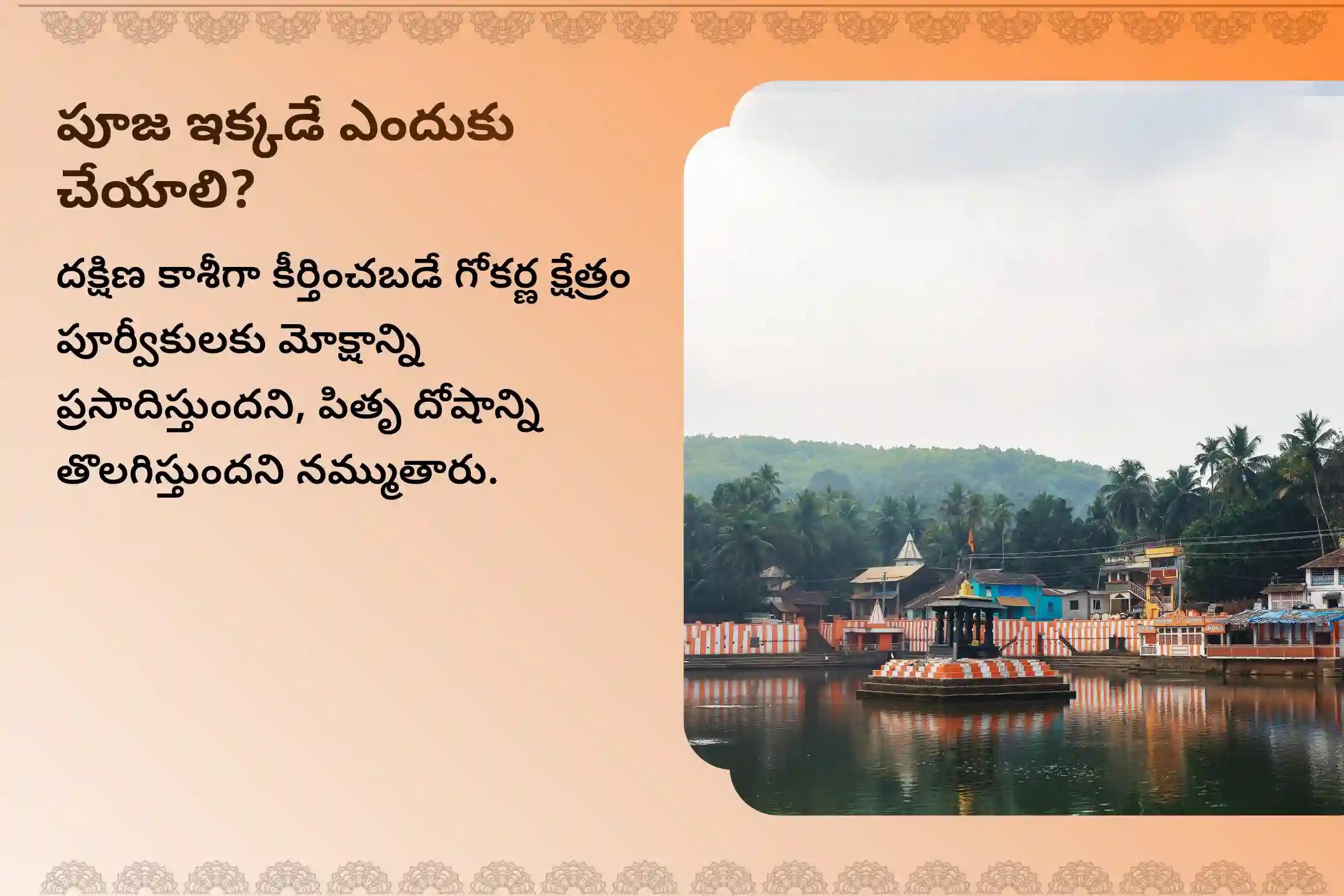 పితృల శాపాల నుండి విముక్తి అలాగే మరణించిన ఆత్మలకు శాంతి కోసం అమావాస్య గోకర్ణ క్షేత్రం పితృ శాంతి ప్రత్యేక నారాయణ బలి పూజ, త్రిపిండి శ్రాద్ధం, పితృ దోష శాంతి పూజ మరియు తిల హోమంలో పాల్గొనండి.