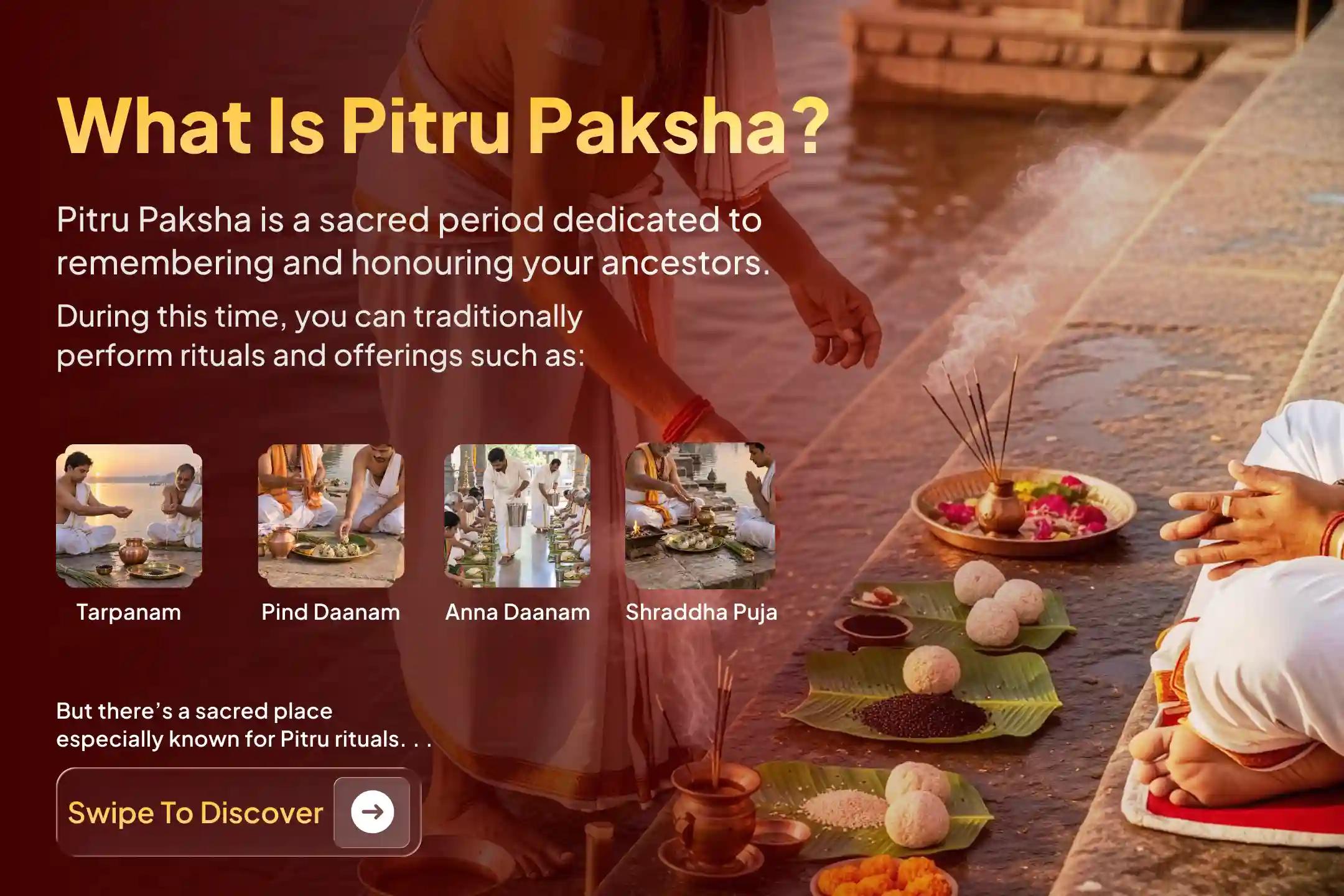 Participate in the 'Gaya Pinda Daana and Sarva Pitru Shanti Puja' at Falgu Nadi Ghat in Gaya on the first day of Pitru Paksham to grant Moksha to departed ancestors and invite divine blessings for 21 generations.