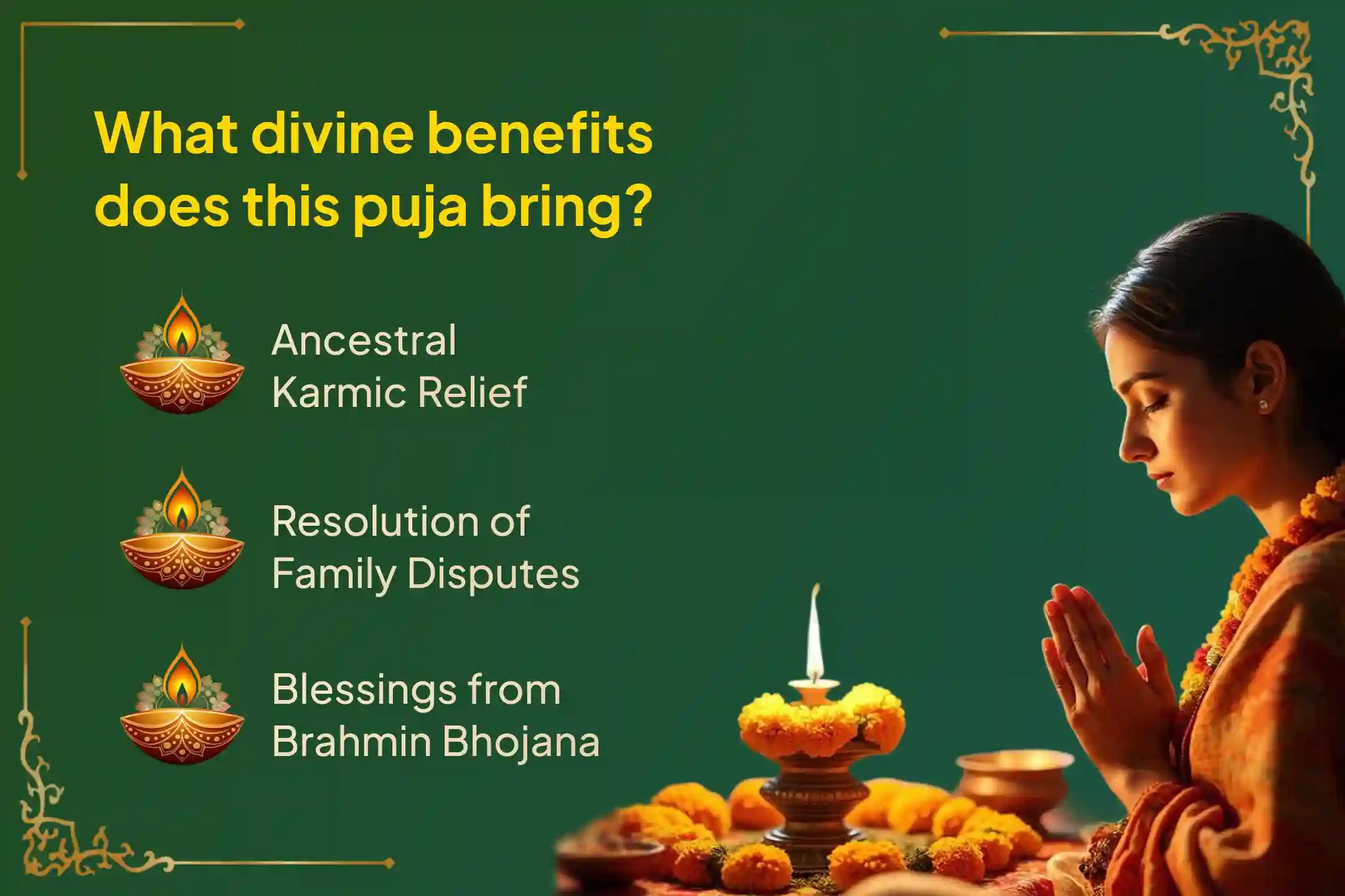 Participate in the sacred 'Kashi Sarva Pitru Shanti Puja and 21 Brahmin Bhojana Daana Seva' to obtain ancestral karmic relief, resolve family disputes, and liberate departed souls.