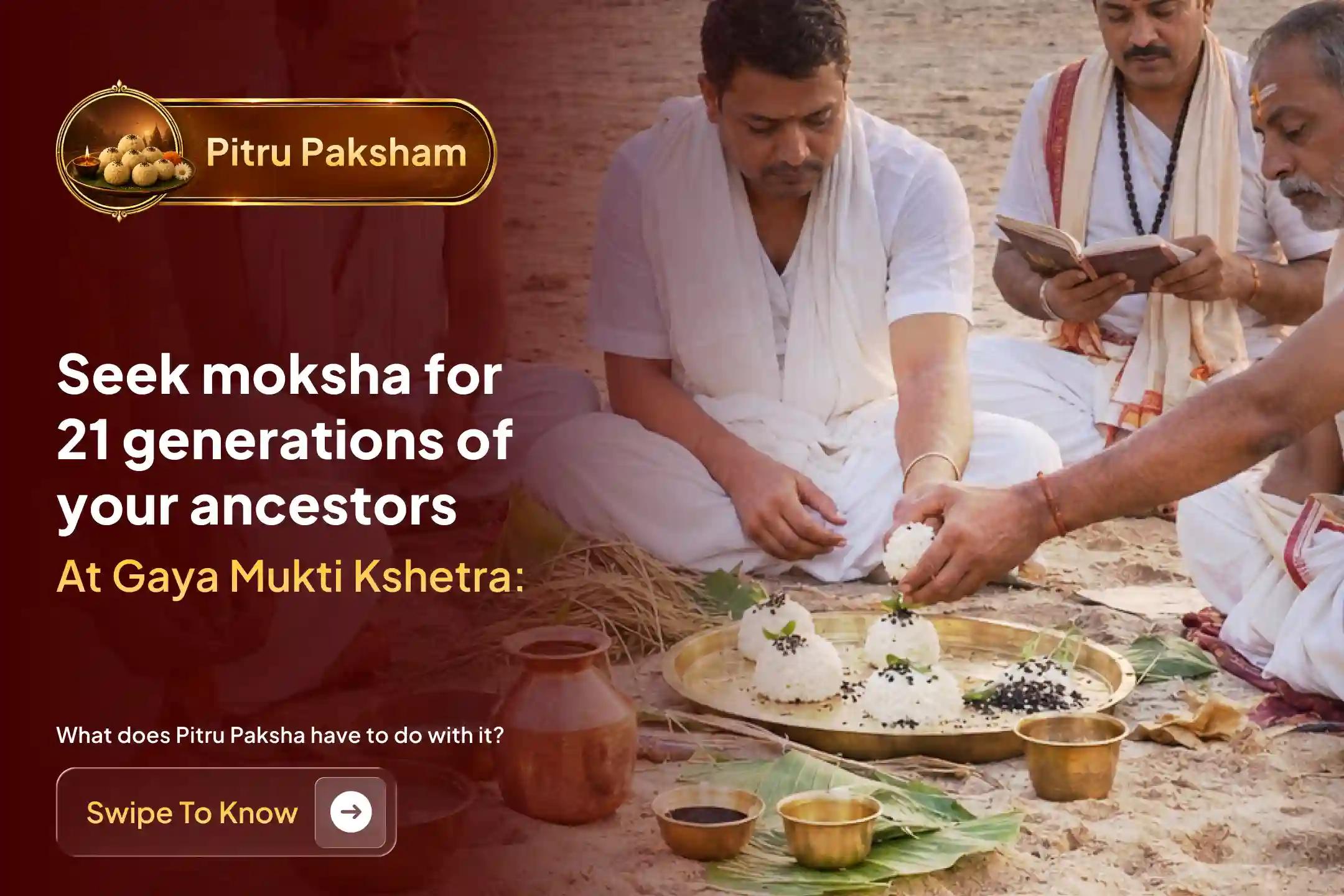 Participate in the 'Gaya Tila Tarpanam and Sarva Pitru Shanti Puja' at Falgu Nadi Ghat in Gaya during Pitru Paksham to grant Moksha to departed ancestors and invite divine blessings for 21 generations