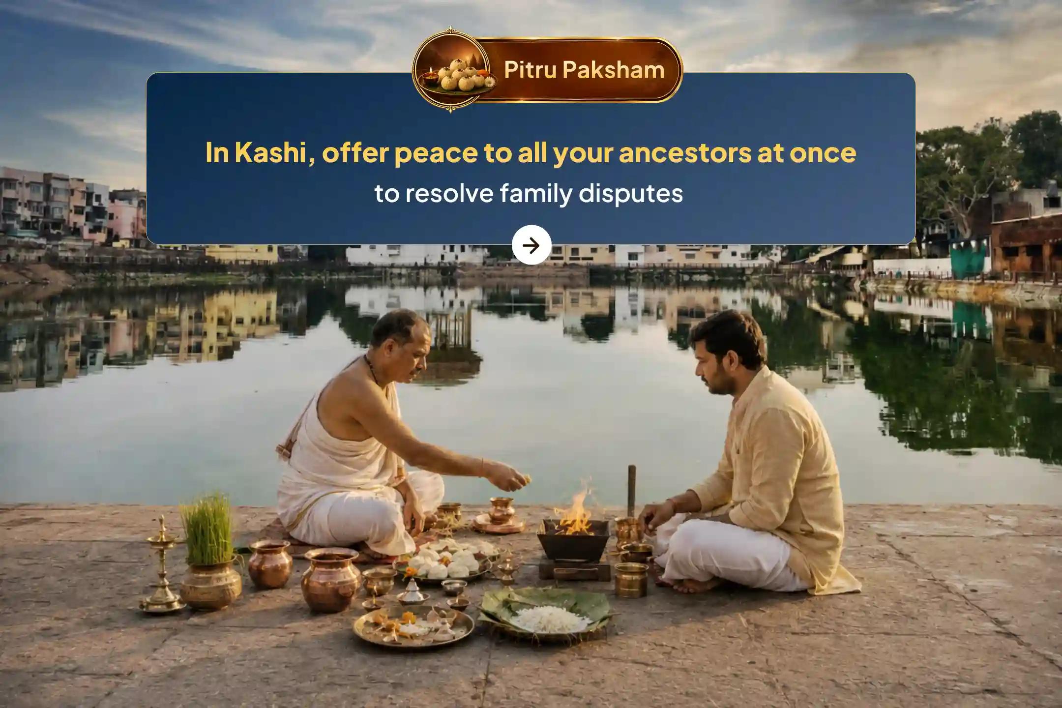 Participate in the sacred 'Kashi Sarva Pitru Shanti Puja and 21 Brahmin Bhojana Daana Seva' to obtain ancestral karmic relief, resolve family disputes, and liberate departed souls.