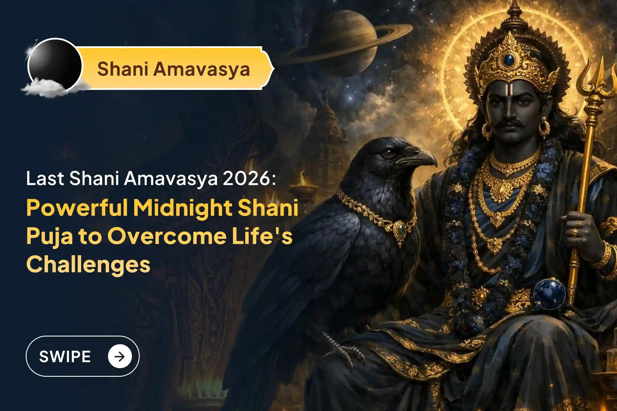 Participate in the Shani Amavasya Midnight Prahar Shani Shanti Puja during the year's final Shani Amavasya to remove severe life obstacles, overcome adversities, and seek the divine protection of Shani Deva.