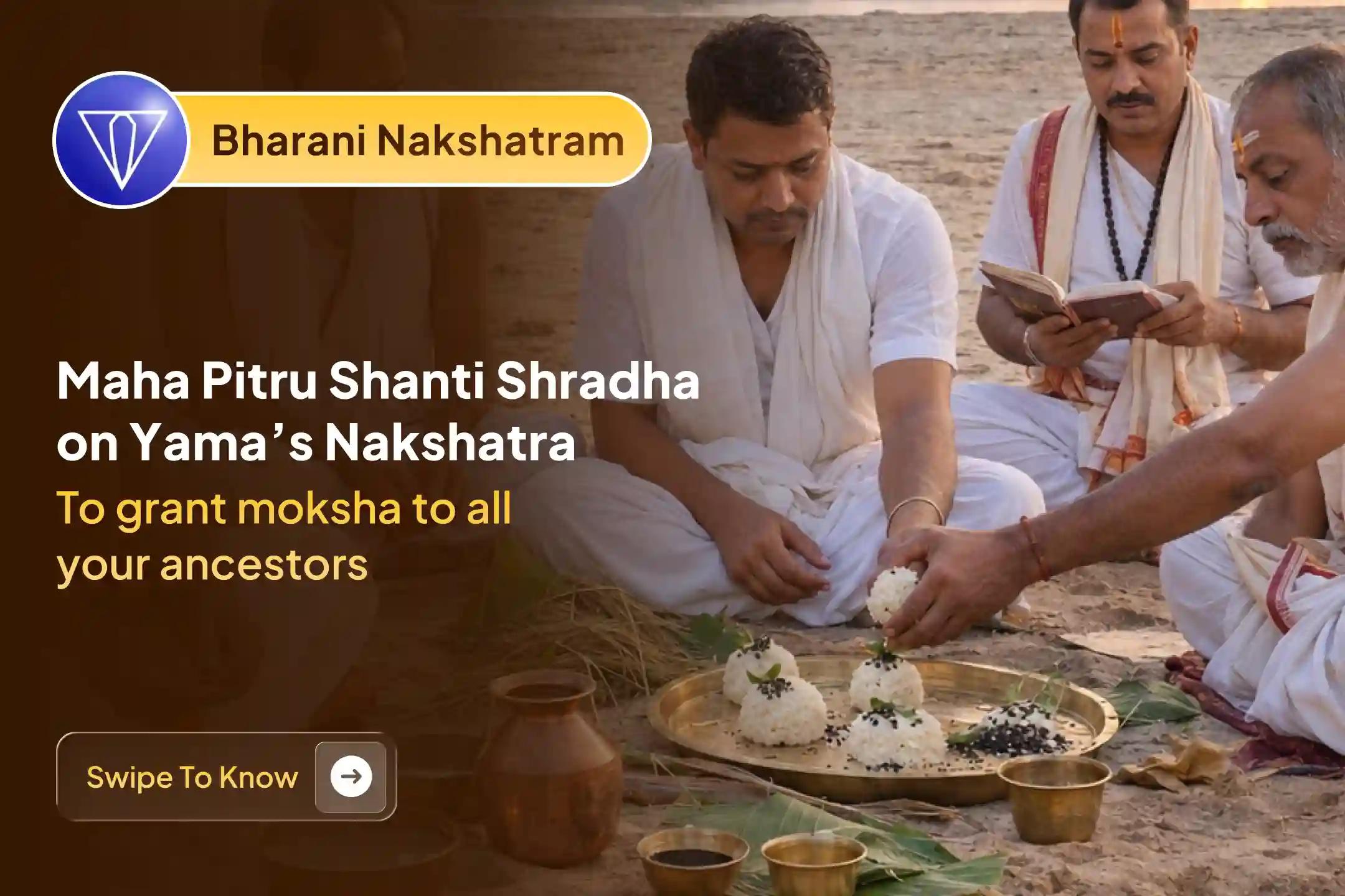 Participate in the 'Maha Bharani Pitru Shanti Shradh' during Pitru Paksha to offer Pinda Daanam, Tarpanam, and Kaka Bali for the peace, mukti, and sadgati of ancestors, and to secure divine lineage blessings.