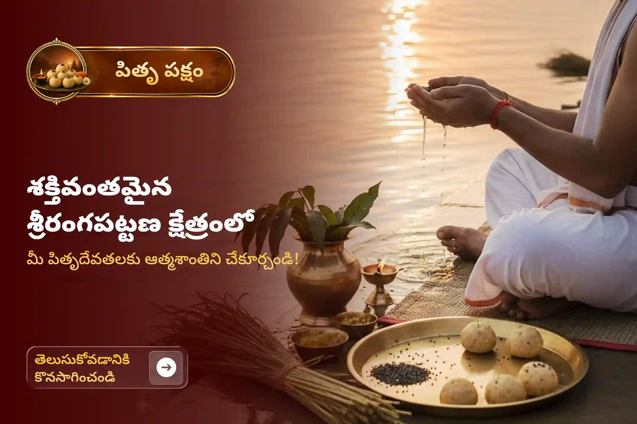 పితృపక్షంలో నిర్వహించే 'శ్రీరంగపట్నం పితృ తర్పణం మరియు పితృ శాంతి పూజ'లో పాల్గొని మీ పితృదేవతలకు మోక్షాన్ని ప్రసాదించండి. మీ వంశంలోని పితృ రుణాలను తొలగించుకుని, మీ కుటుంబానికి ఆయురారోగ్యాలు, ప్రశాంతత మరియు దివ్య రక్షణను పొందండి